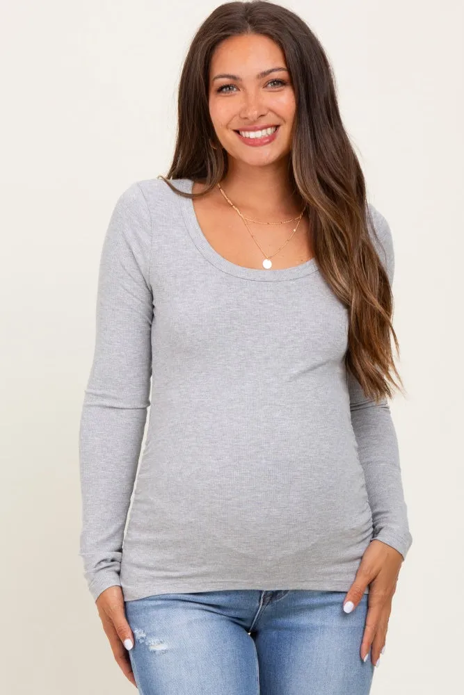 Heather Grey Ribbed Ruched Maternity Long Sleeve Top sold by Pinkblush