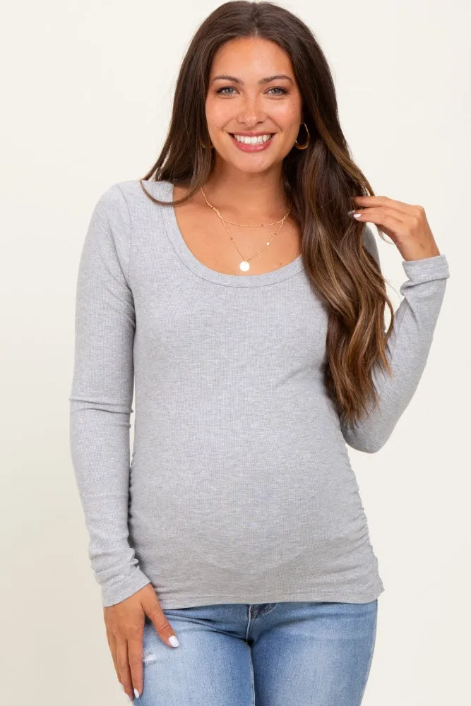 Heather Grey Ribbed Ruched Maternity Long Sleeve Top sold by Pinkblush product image thumbnail 2