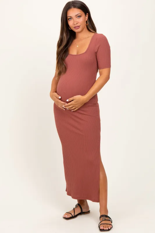 Mauve Ribbed Short Sleeve Side Slit Maternity Midi Dress sold by Pinkblush