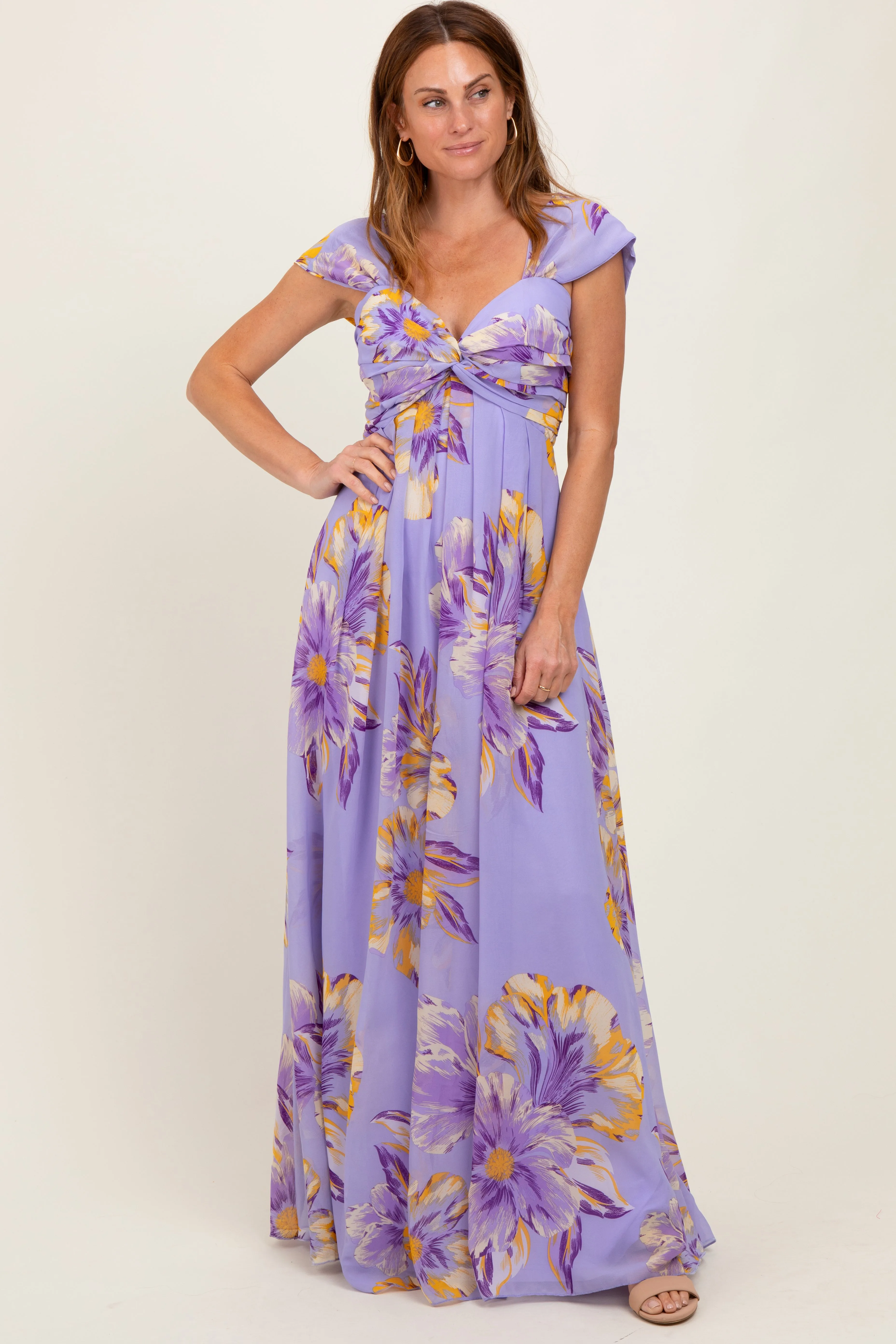 Lavender Floral Chiffon Off Shoulder Maxi Dress sold by Pinkblush