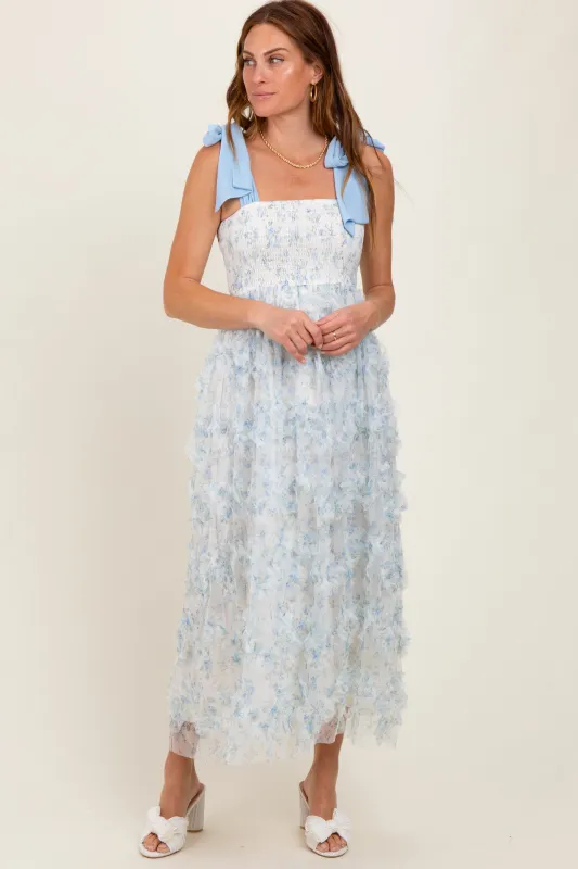 Light Blue Floral Smocked Shoulder Tie Ruffled Midi Dress sold by Pinkblush