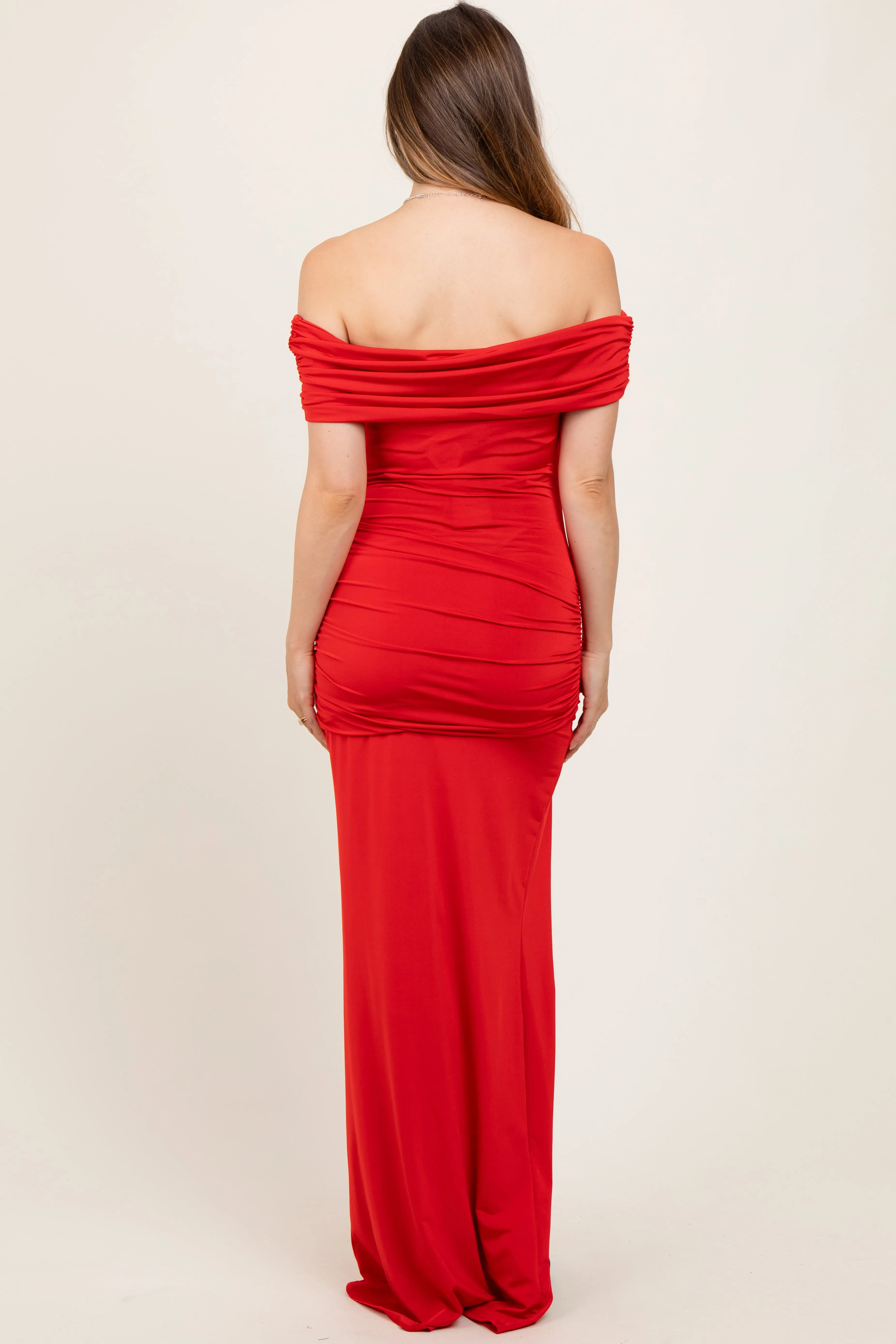 Red Foldover Off Shoulder Ruched High Slit Maternity Maxi Dress sold by Pinkblush product image thumbnail 2