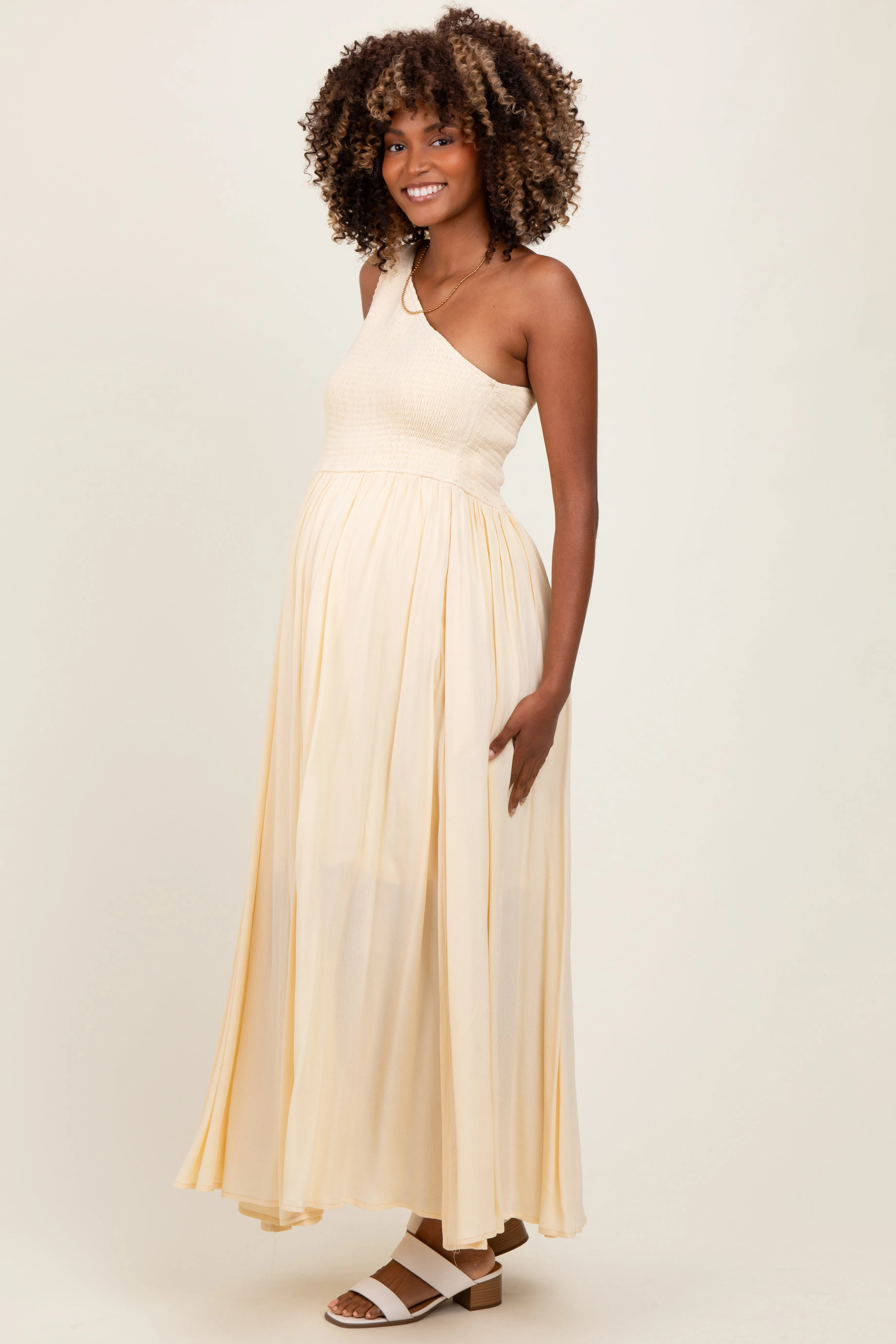 Cream Smocked One Shoulder Maternity Maxi Dress sold by Pinkblush product image thumbnail 2