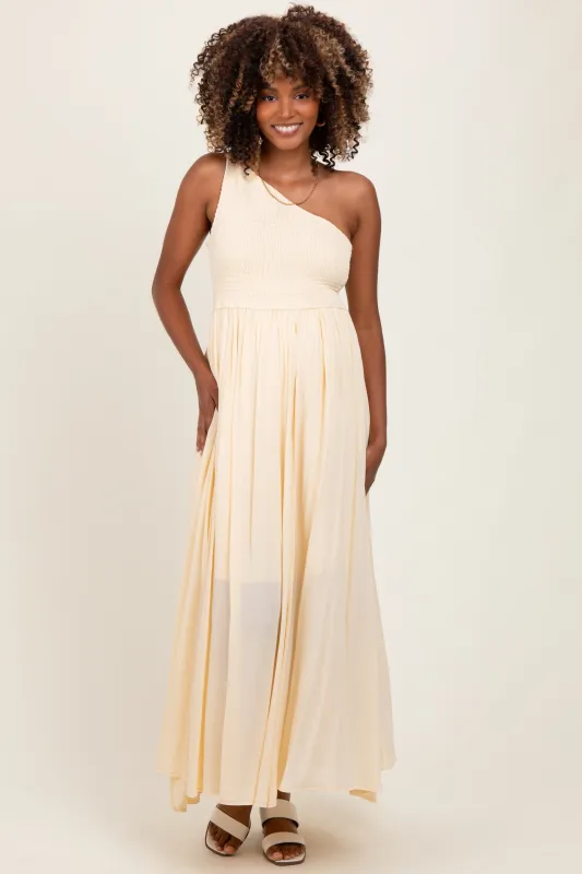 Cream Smocked One Shoulder Maternity Maxi Dress sold by Pinkblush