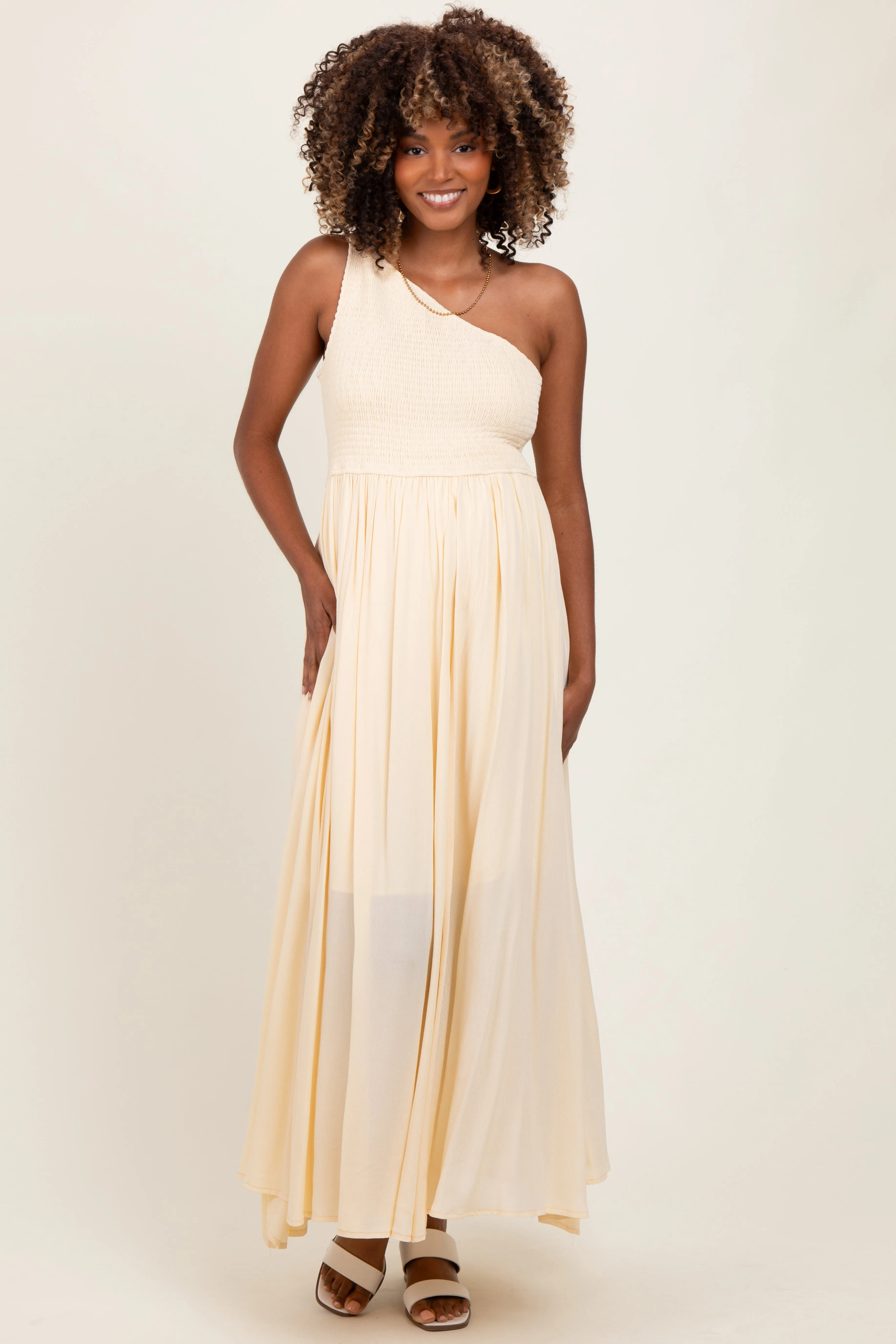 Cream Smocked One Shoulder Maternity Maxi Dress sold by Pinkblush