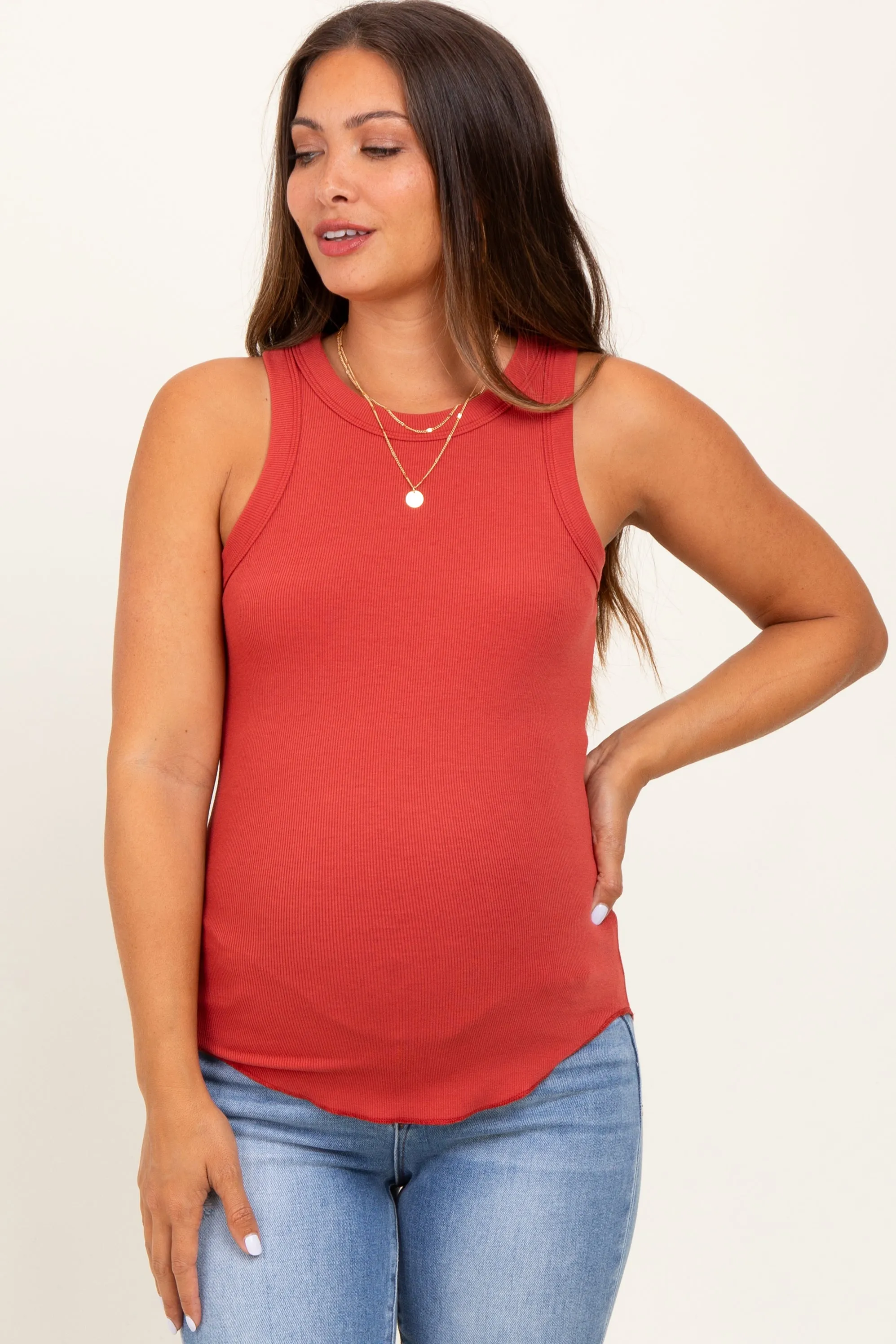 Rust Ribbed Basic Crew Neck Maternity Tank sold by Pinkblush product image thumbnail 2