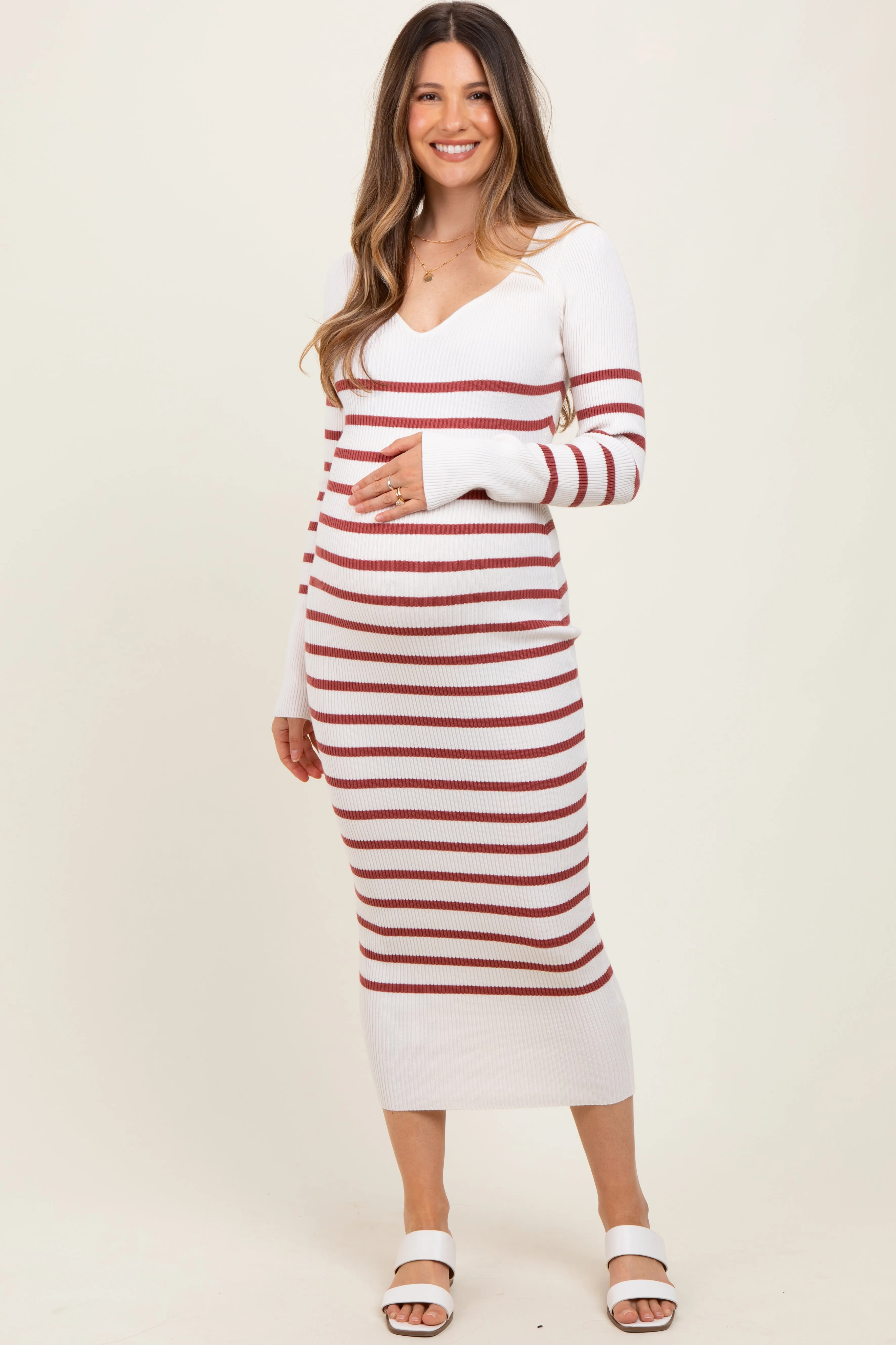Mauve Ribbed Knit Striped Long Sleeve Maternity Sweater Dress sold by Pinkblush