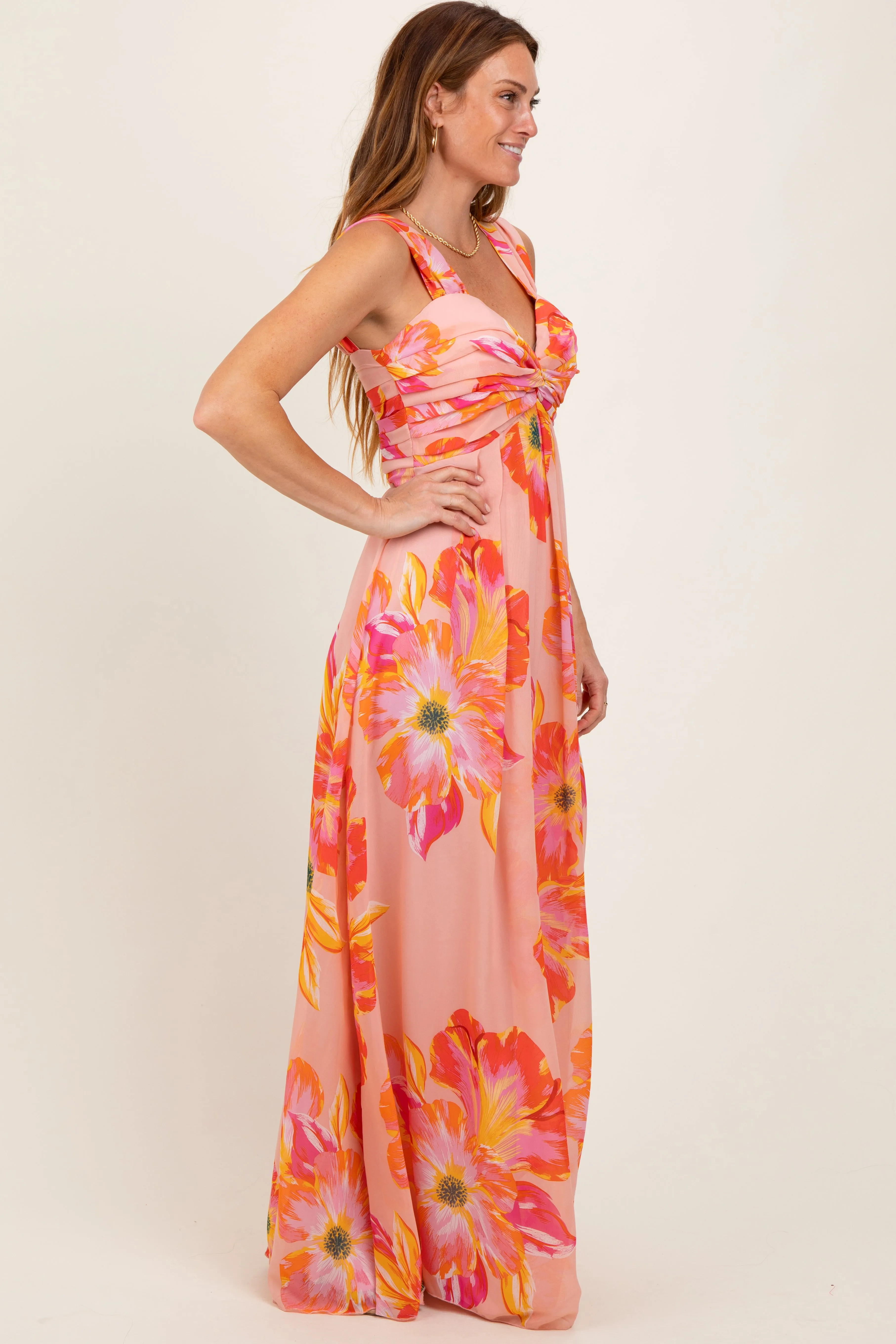 Peach Floral Chiffon Off Shoulder Maxi Dress sold by Pinkblush product image thumbnail 3