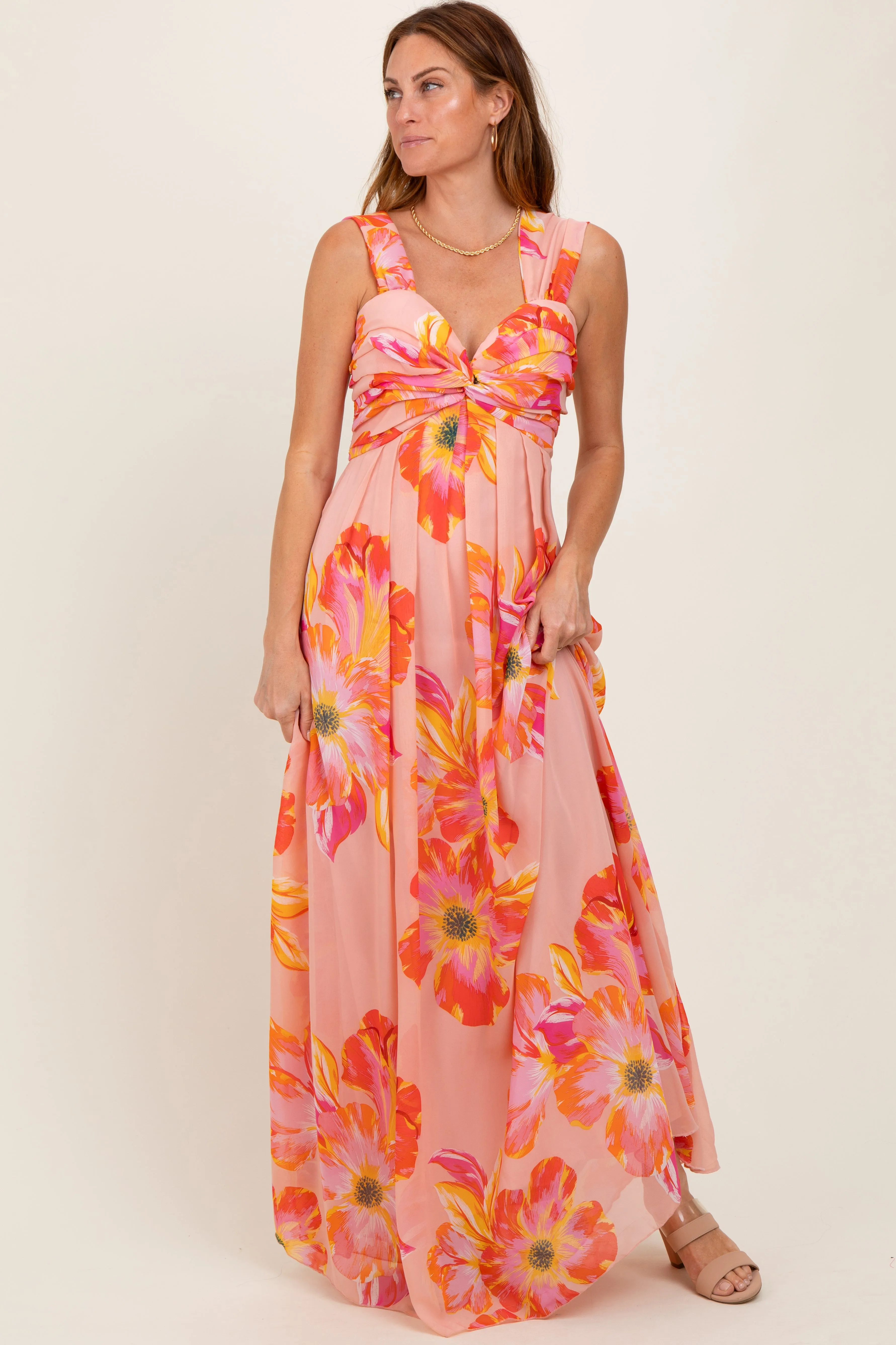 Peach Floral Chiffon Off Shoulder Maxi Dress sold by Pinkblush