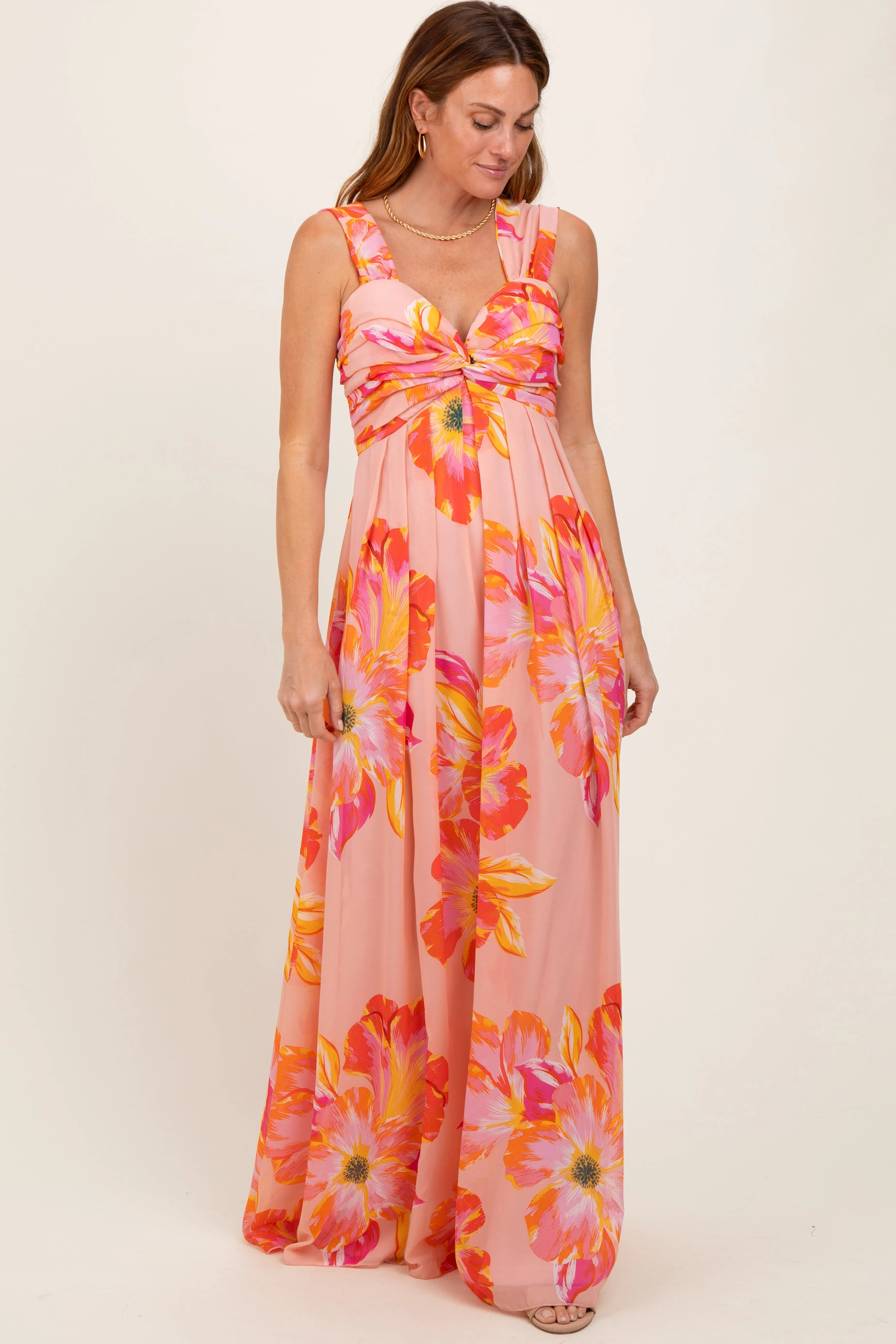 Peach Floral Chiffon Off Shoulder Maxi Dress sold by Pinkblush product image thumbnail 2