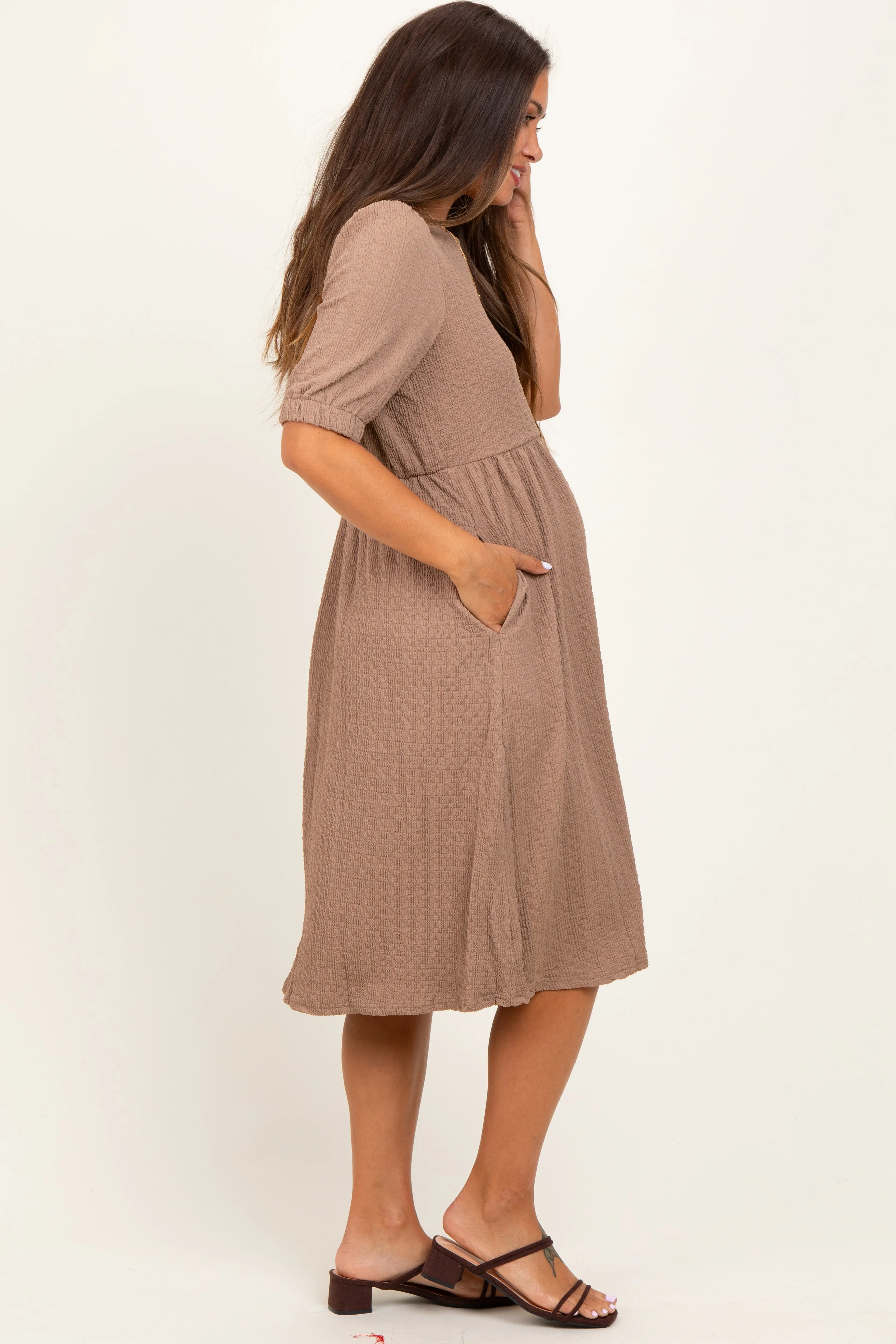 Taupe Textured Knit Puff Sleeve Maternity Midi Dress sold by Pinkblush product image thumbnail 3