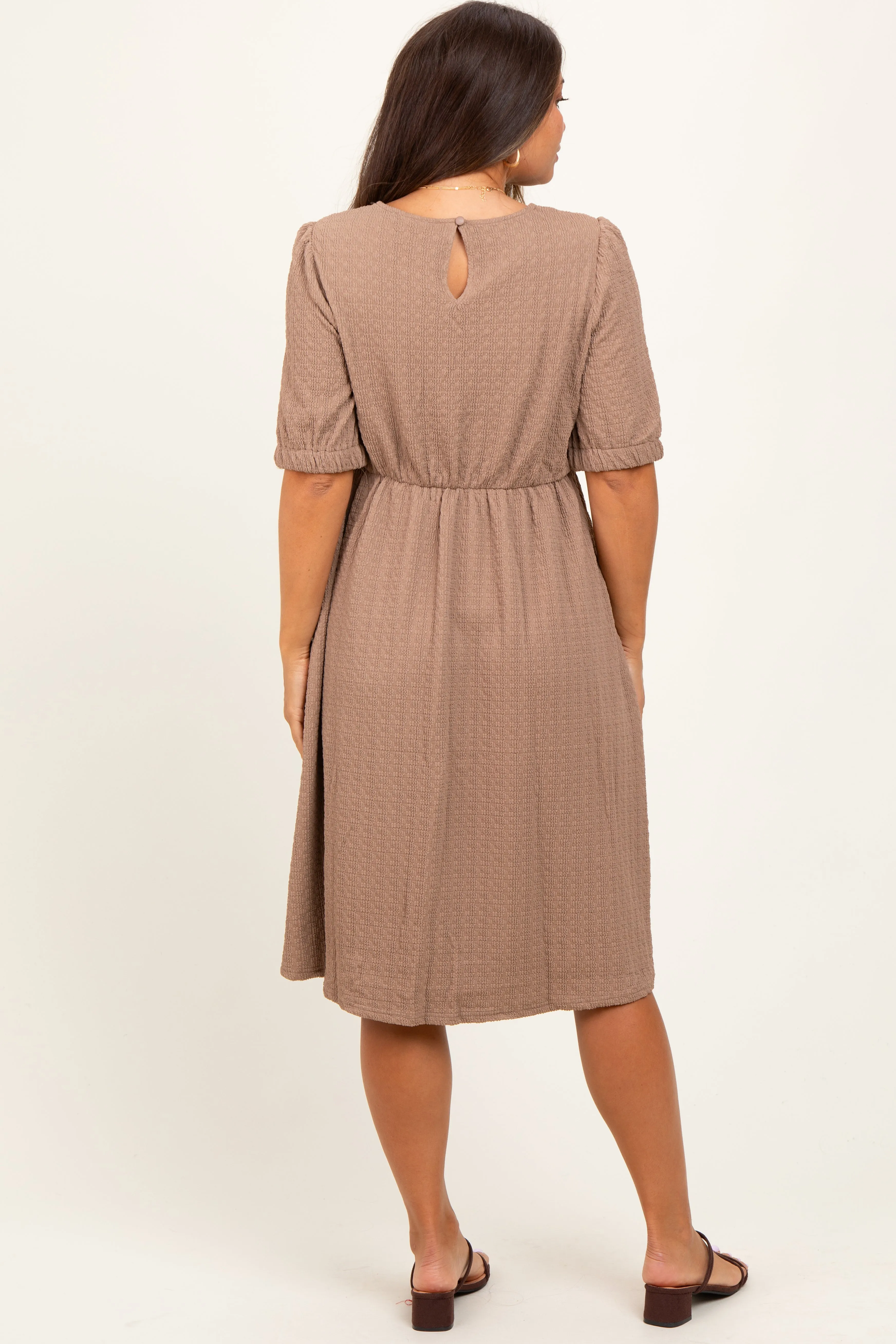 Taupe Textured Knit Puff Sleeve Maternity Midi Dress sold by Pinkblush product image thumbnail 4