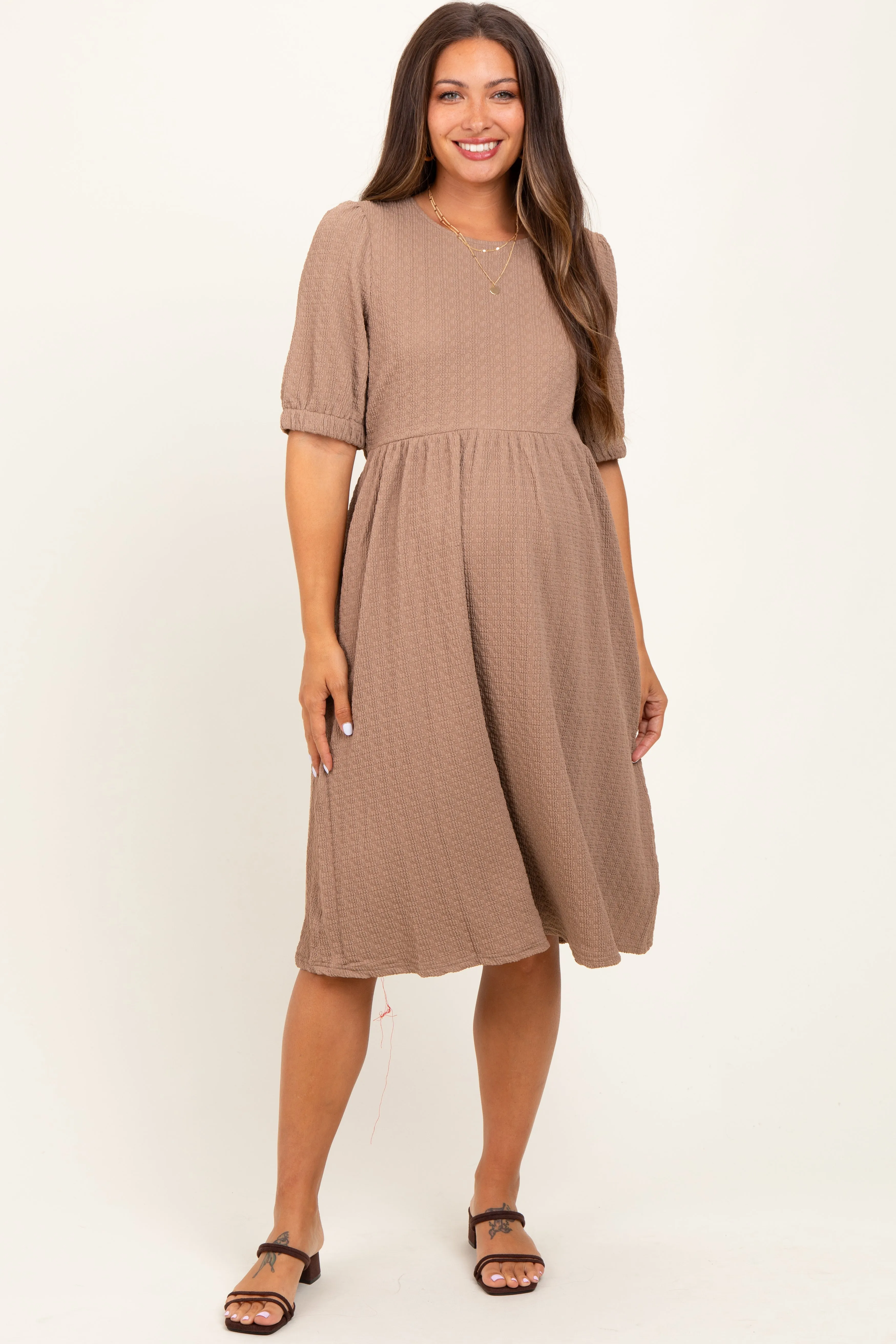 Taupe Textured Knit Puff Sleeve Maternity Midi Dress sold by Pinkblush