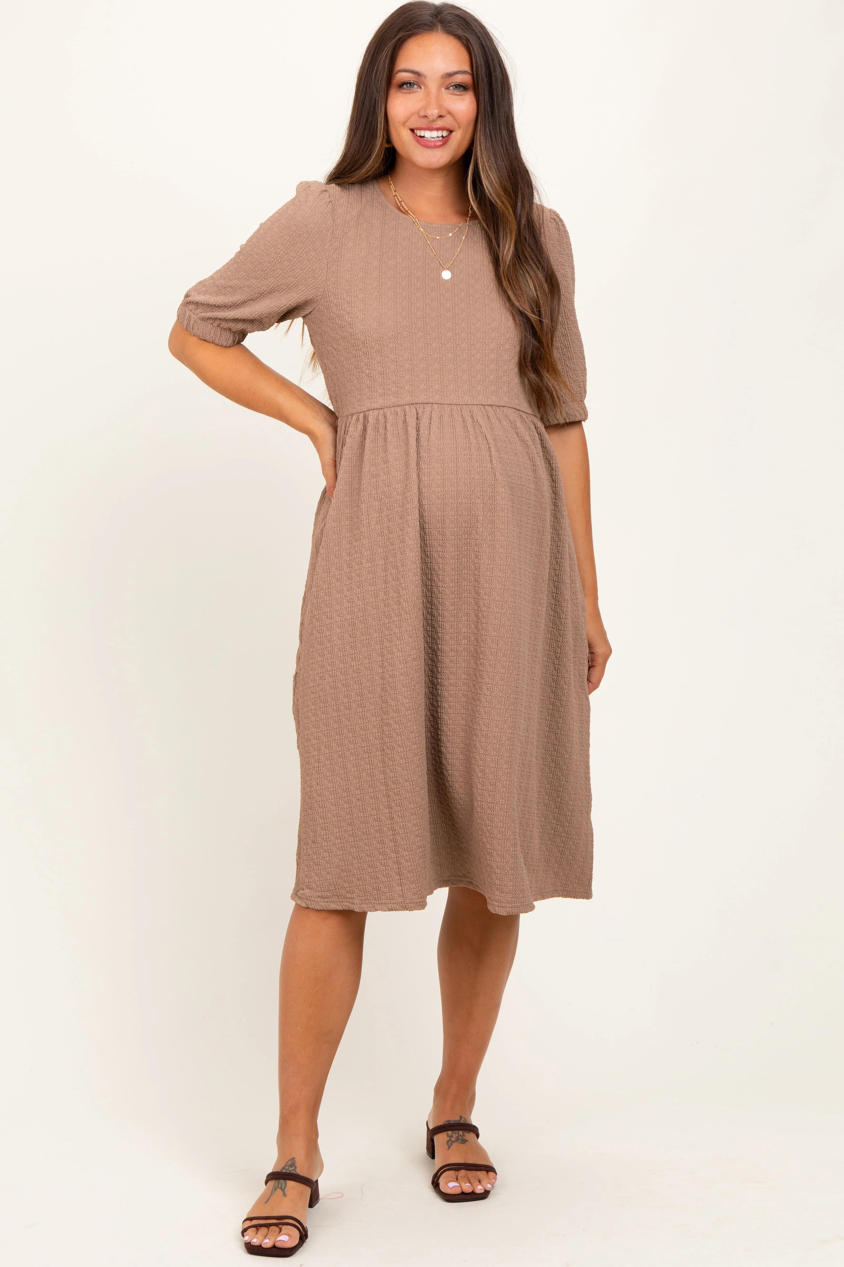 Taupe Textured Knit Puff Sleeve Maternity Midi Dress sold by Pinkblush product image thumbnail 2