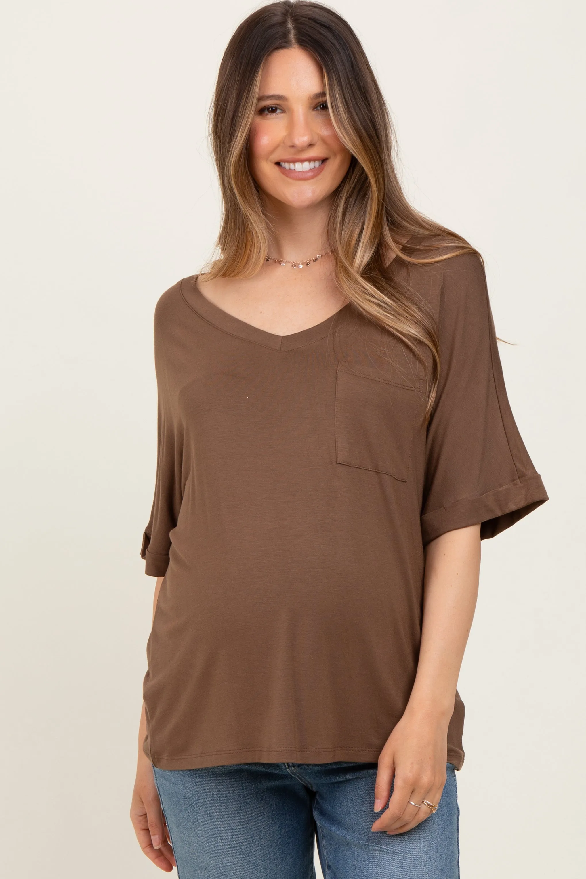 Mocha Oversized V-Neck Front Pocket Maternity T-Shirt sold by Pinkblush product image thumbnail 2