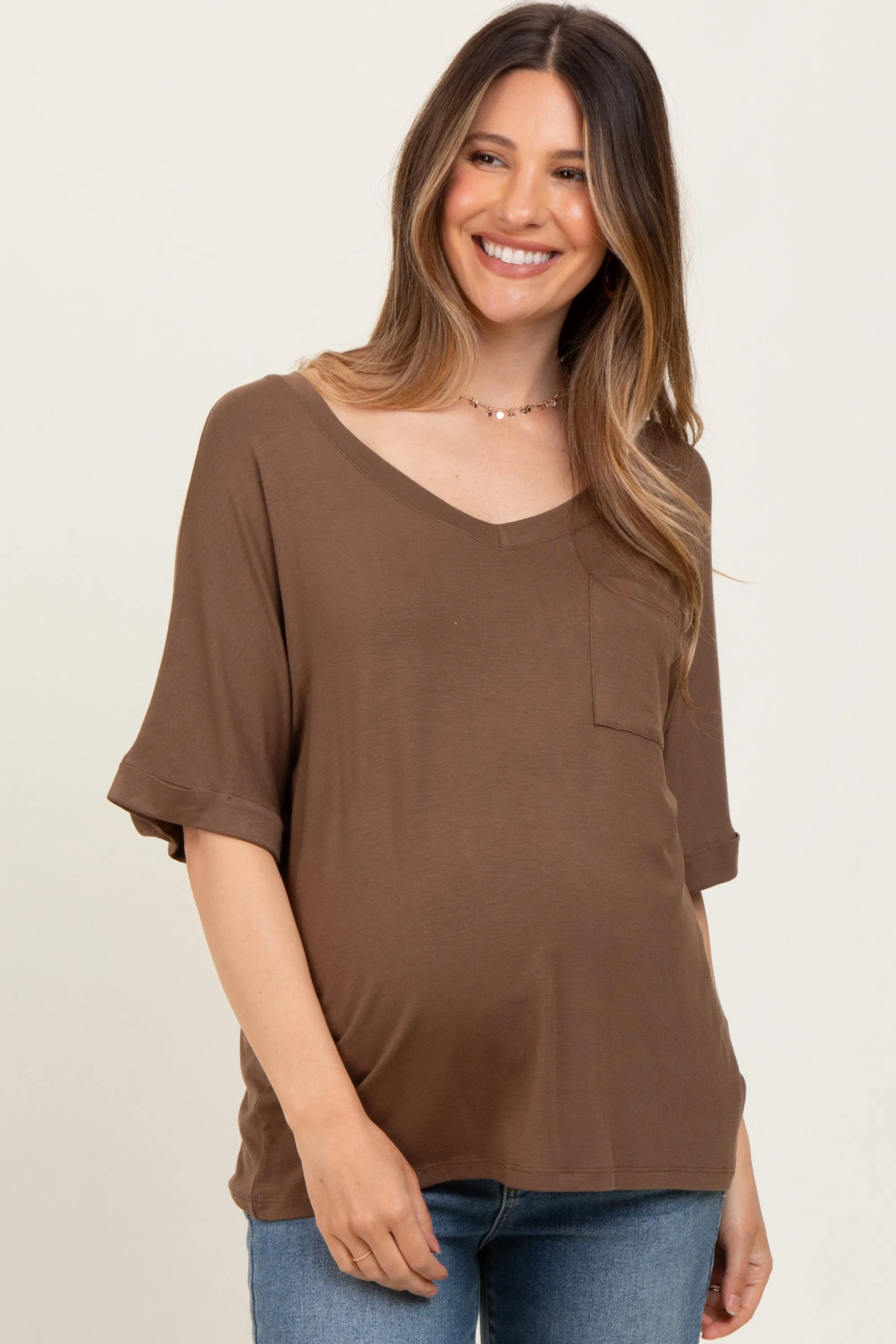 Mocha Oversized V-Neck Front Pocket Maternity T-Shirt sold by Pinkblush