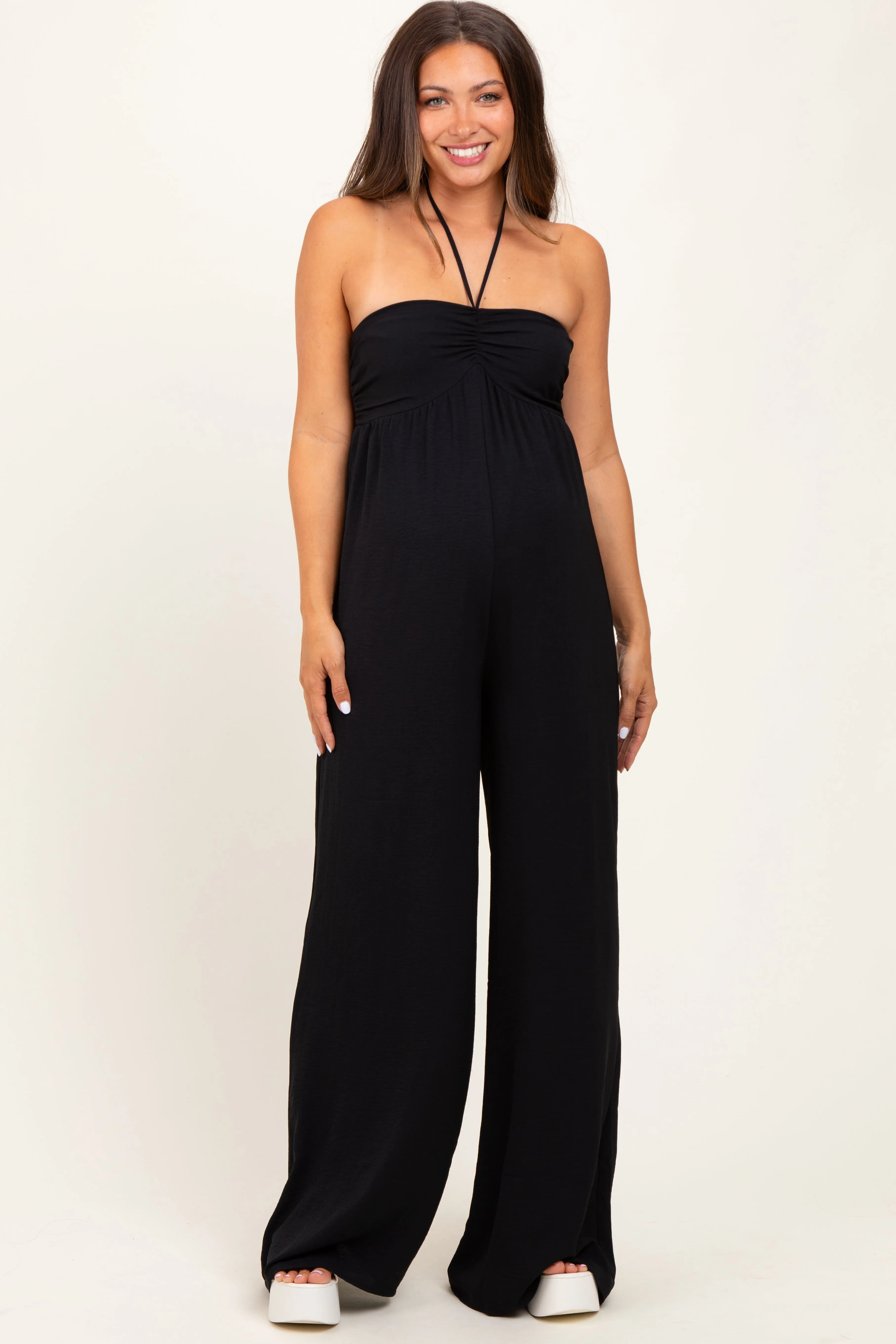 Black Halter Neck Wide Leg Maternity Jumpsuit sold by Pinkblush product image thumbnail 2