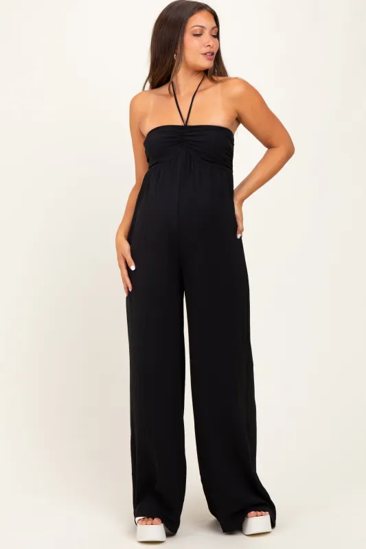 Black Halter Neck Wide Leg Maternity Jumpsuit sold by Pinkblush