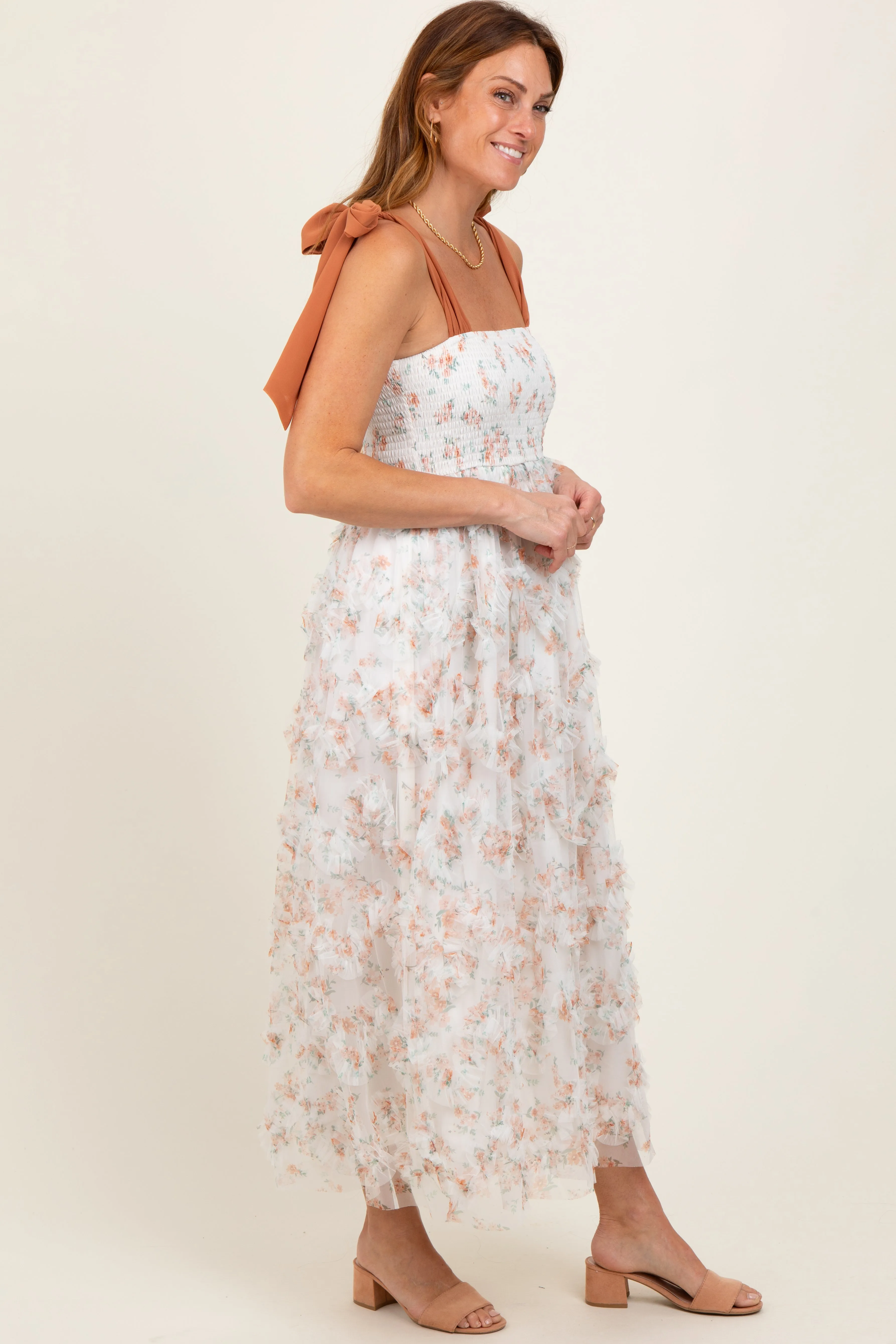 Rust Floral Smocked Shoulder Tie Ruffled Midi Dress sold by Pinkblush product image thumbnail 3