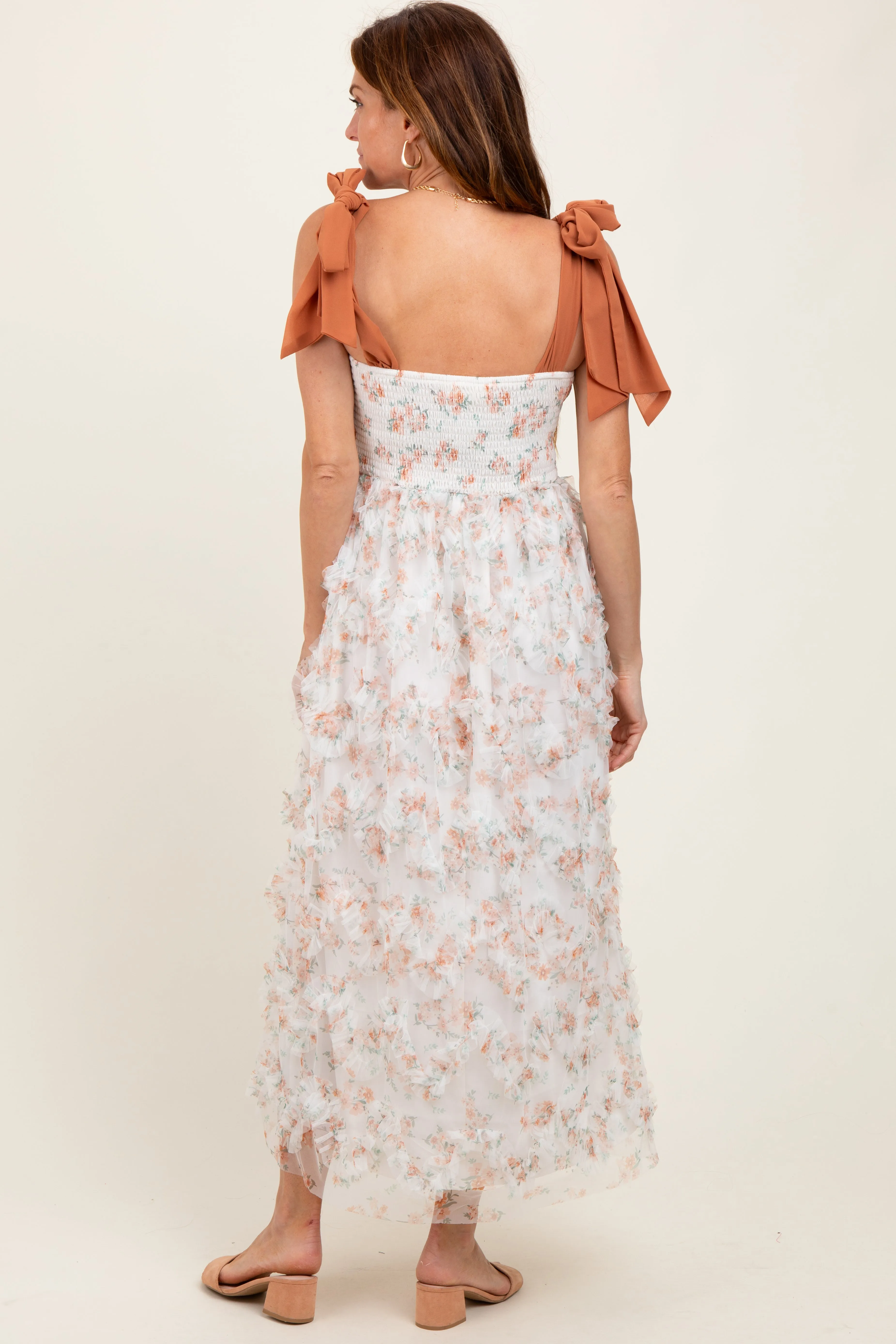 Rust Floral Smocked Shoulder Tie Ruffled Midi Dress sold by Pinkblush product image thumbnail 4