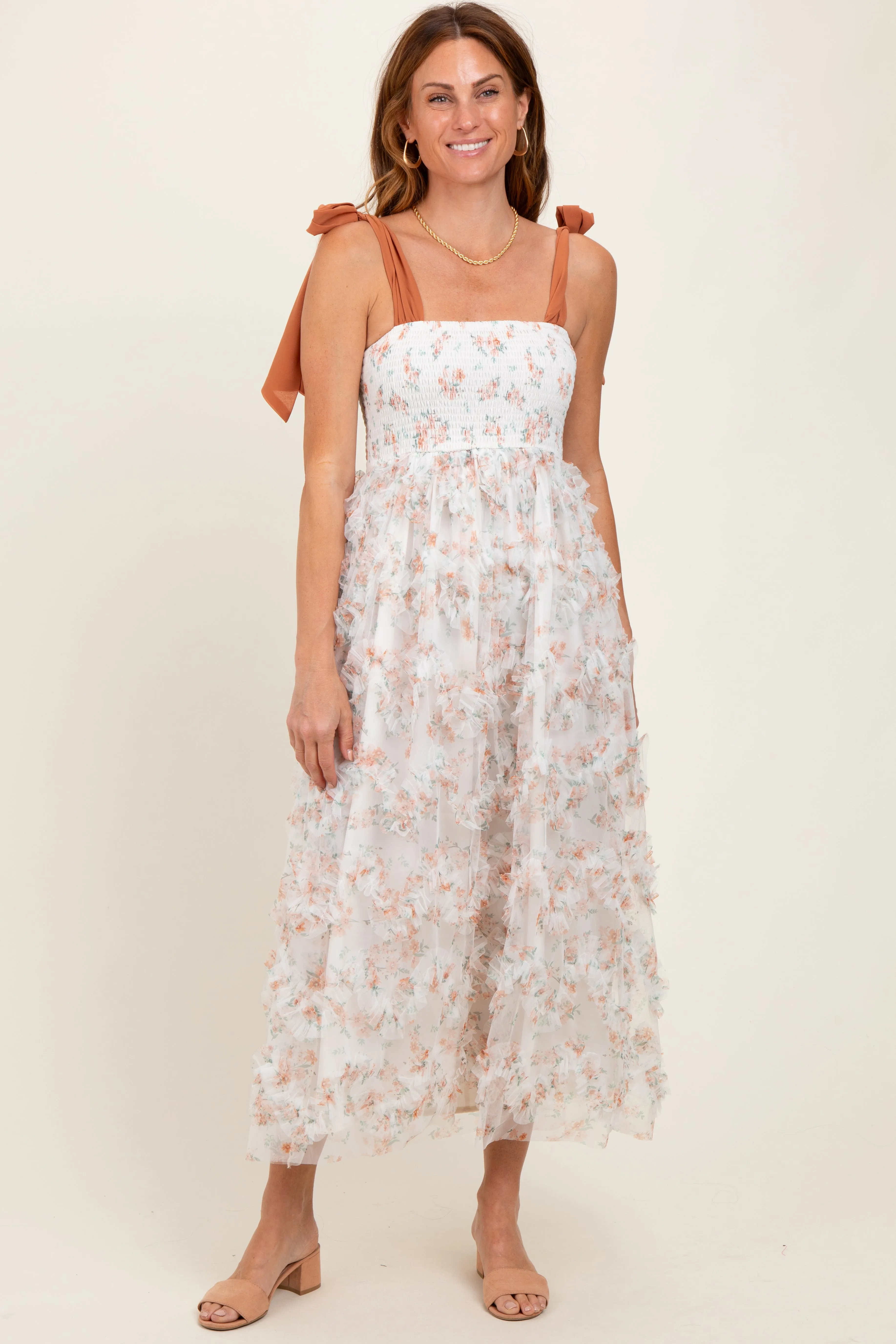 Rust Floral Smocked Shoulder Tie Ruffled Midi Dress sold by Pinkblush product image thumbnail 2