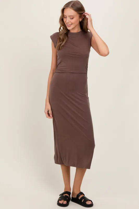 Brown Sleeveless Side Ruched Midi Dress sold by Pinkblush