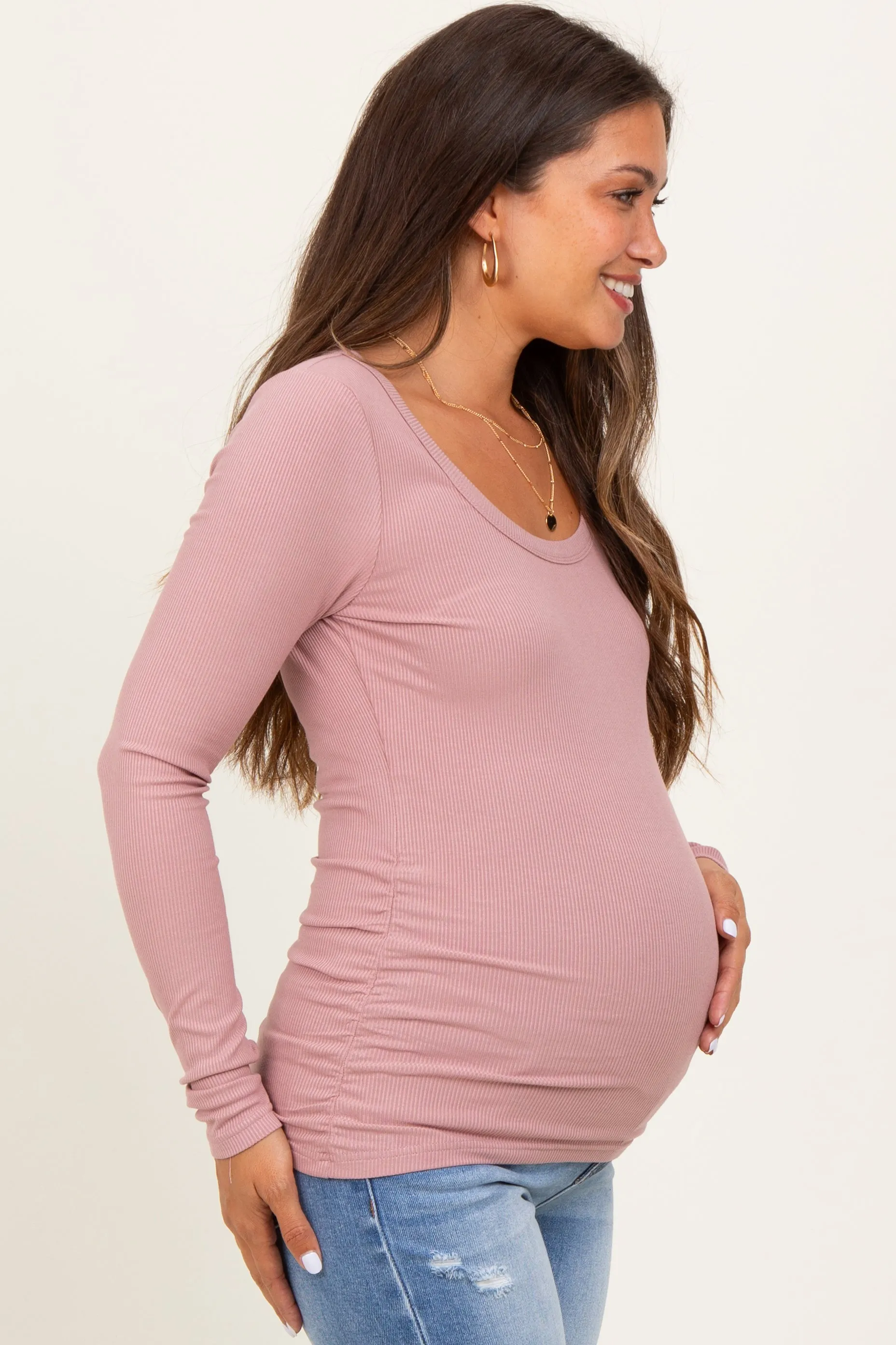 Mauve Ribbed Ruched Maternity Long Sleeve Top sold by Pinkblush product image thumbnail 3
