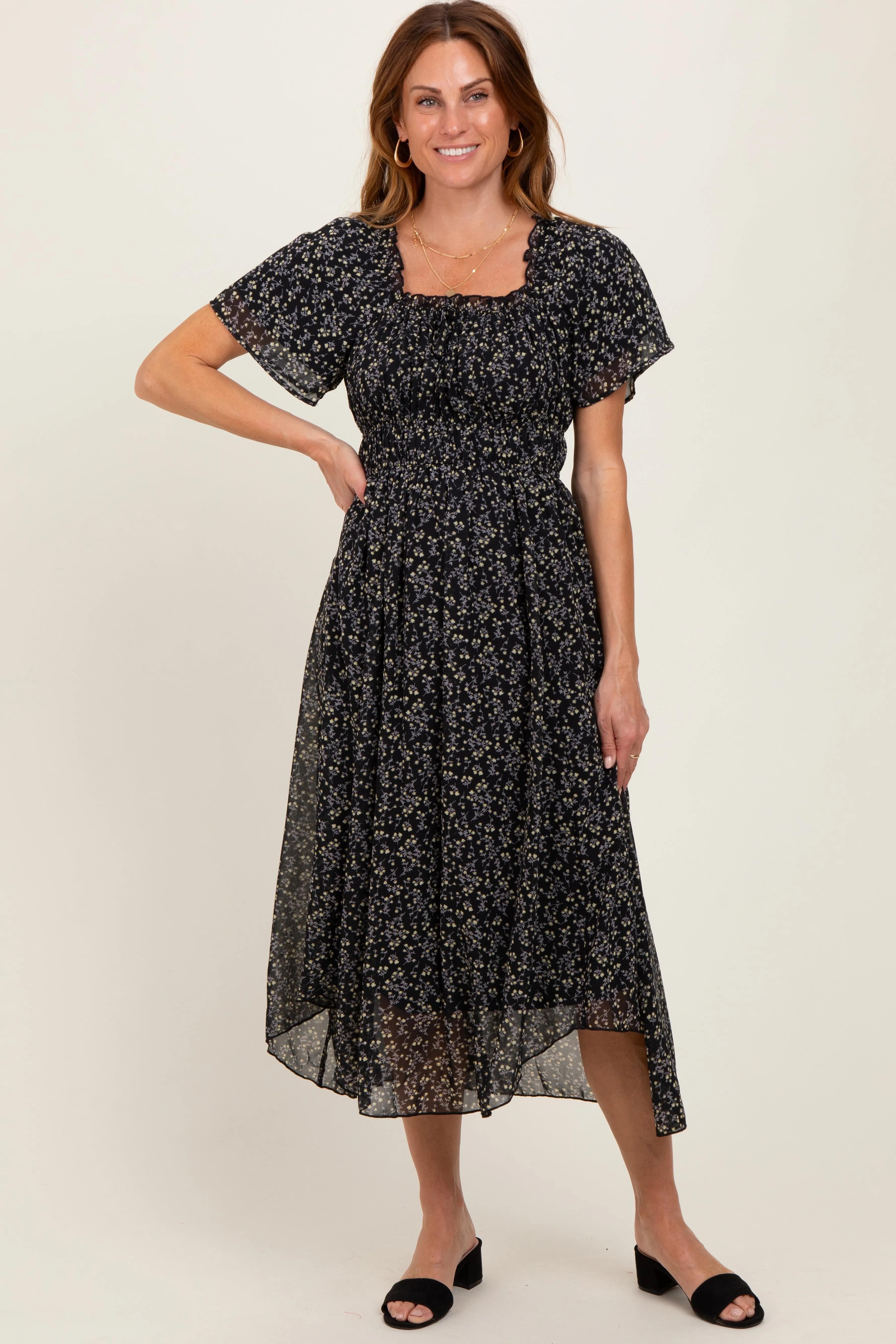 Black Floral Square Neck Front Tie Midi Dress sold by Pinkblush product image thumbnail 2