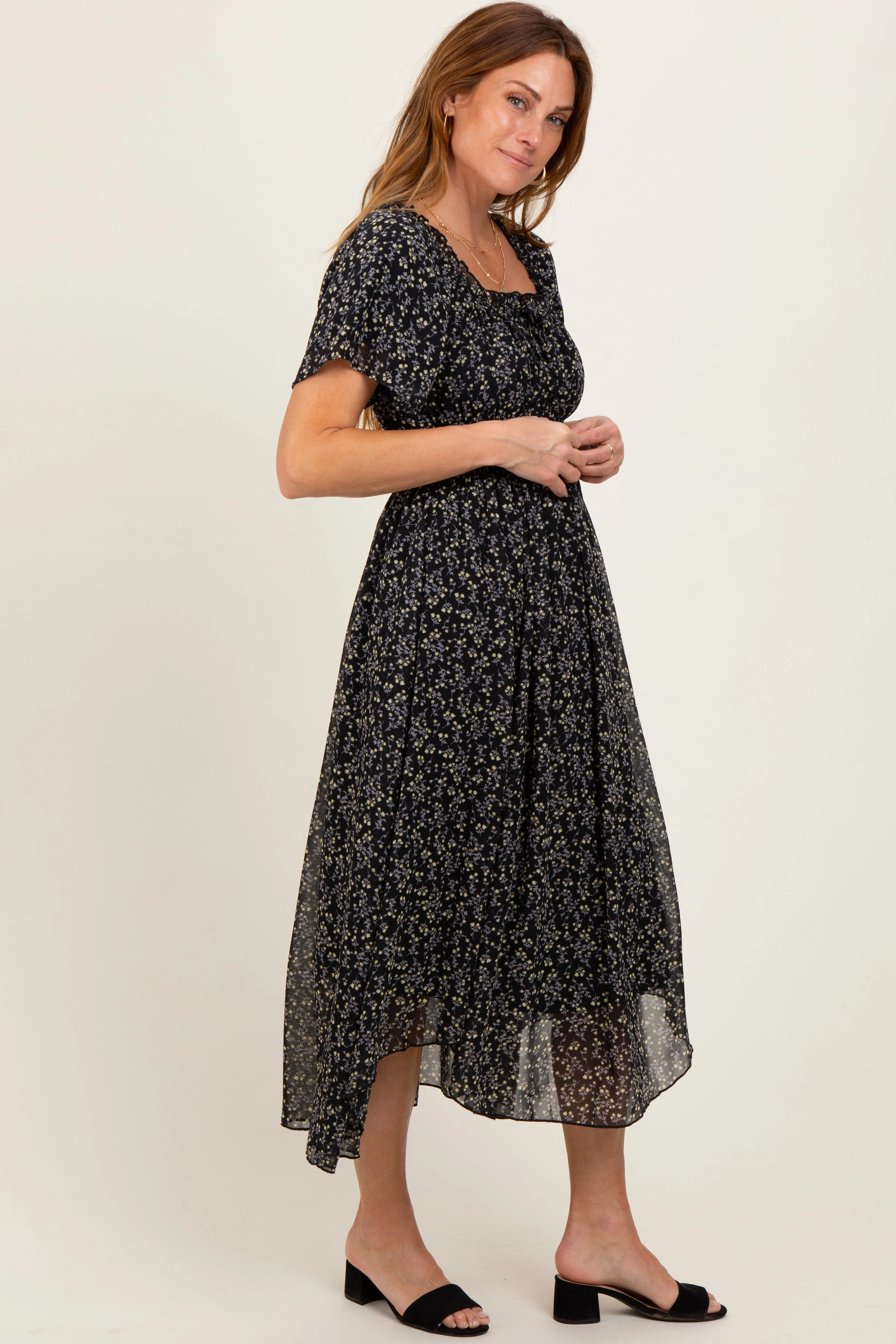 Black Floral Square Neck Front Tie Midi Dress sold by Pinkblush product image thumbnail 3