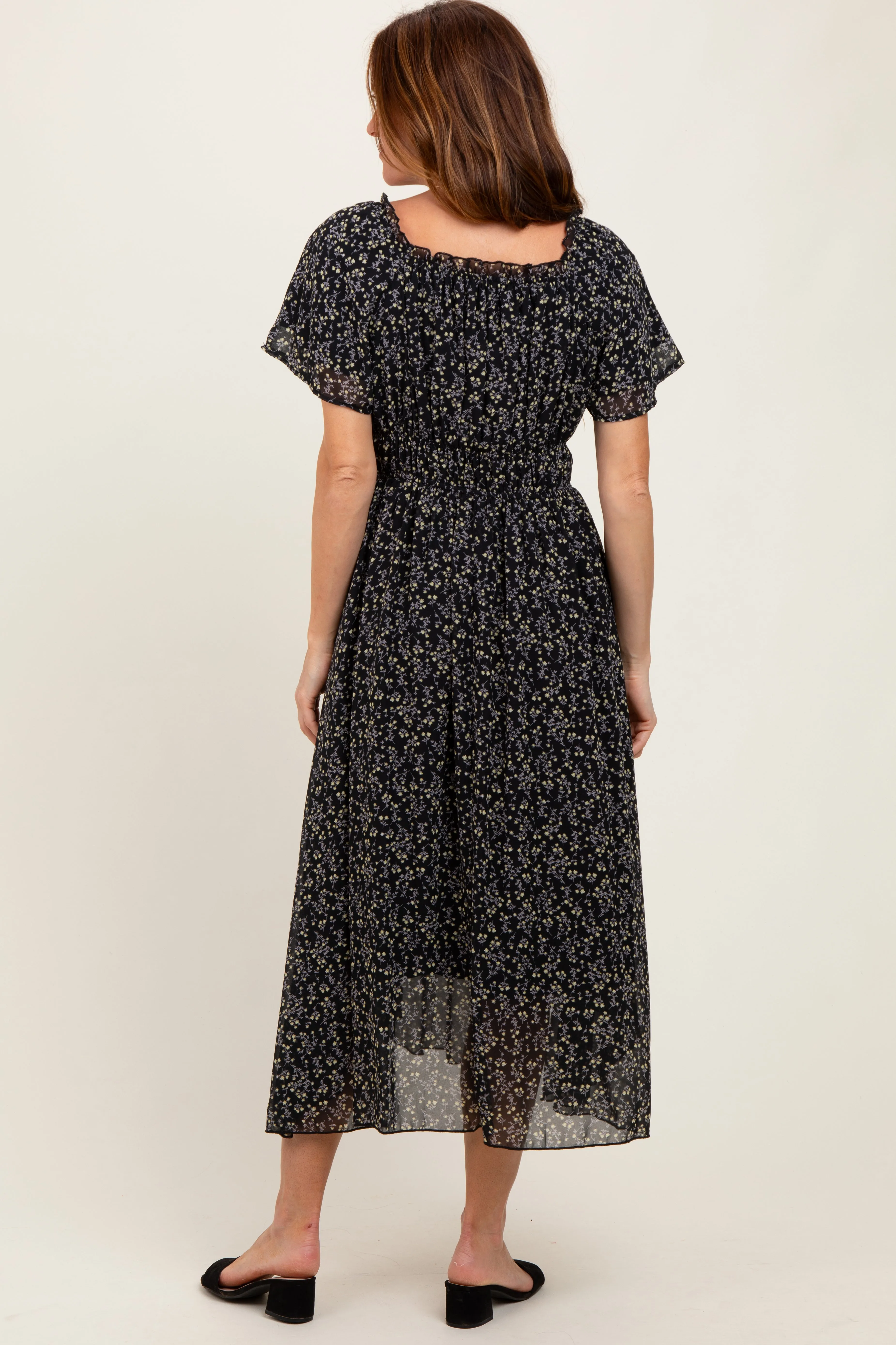 Black Floral Square Neck Front Tie Midi Dress sold by Pinkblush product image thumbnail 4