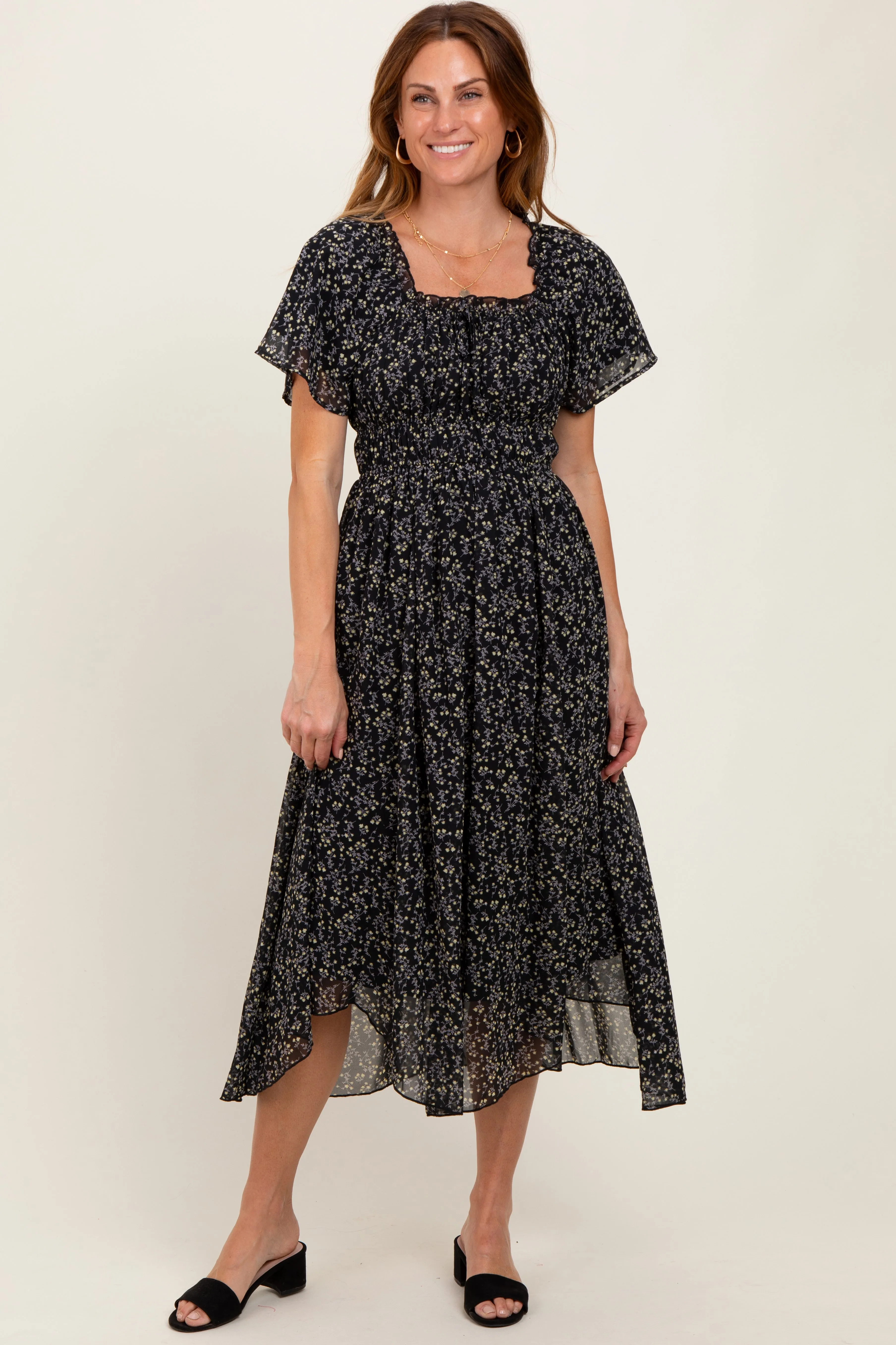 Black Floral Square Neck Front Tie Midi Dress sold by Pinkblush