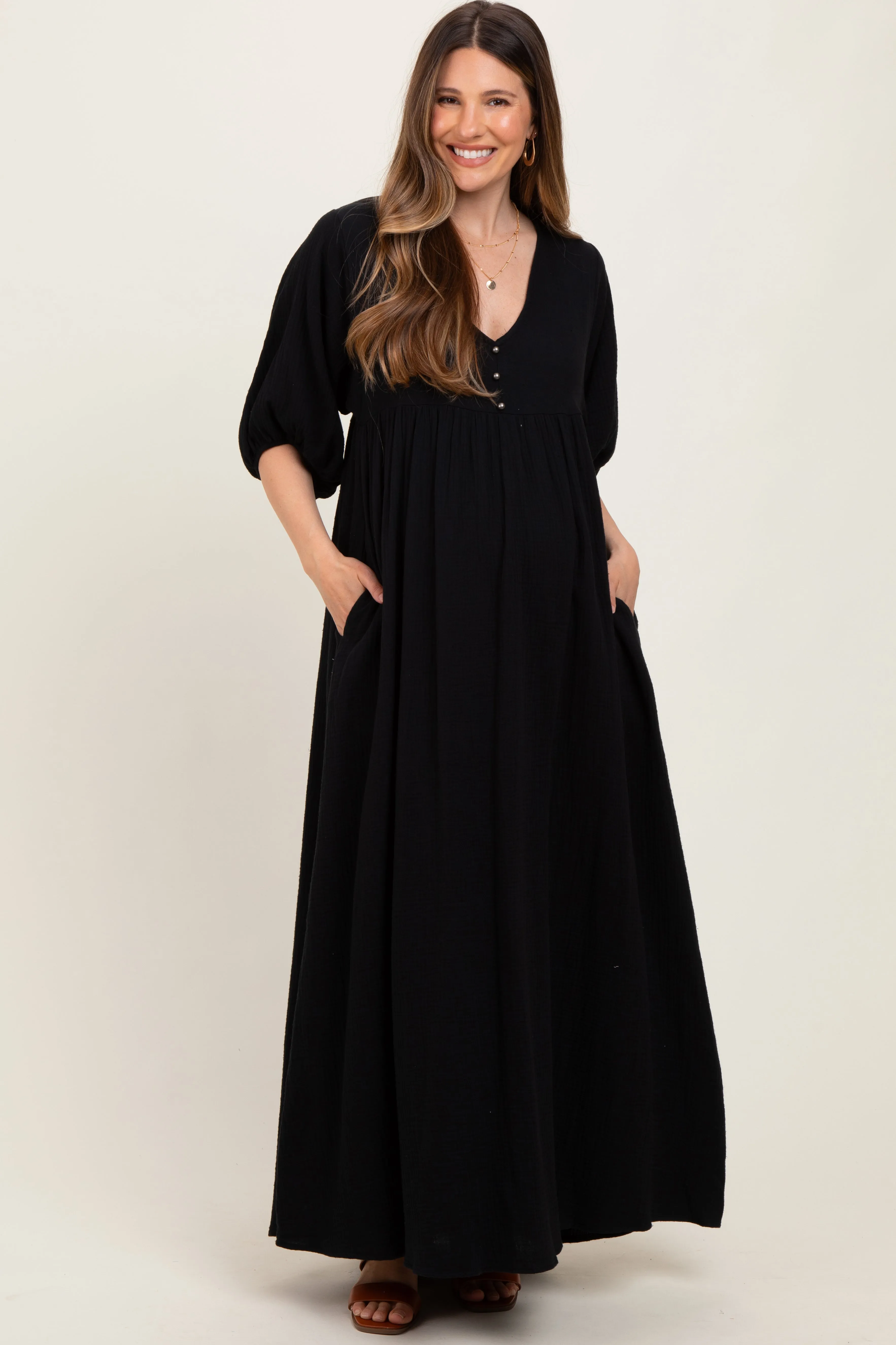 Black Solid Woven Elbow Sleeve V-Neck Button Down Maternity Maxi Dress sold by Pinkblush