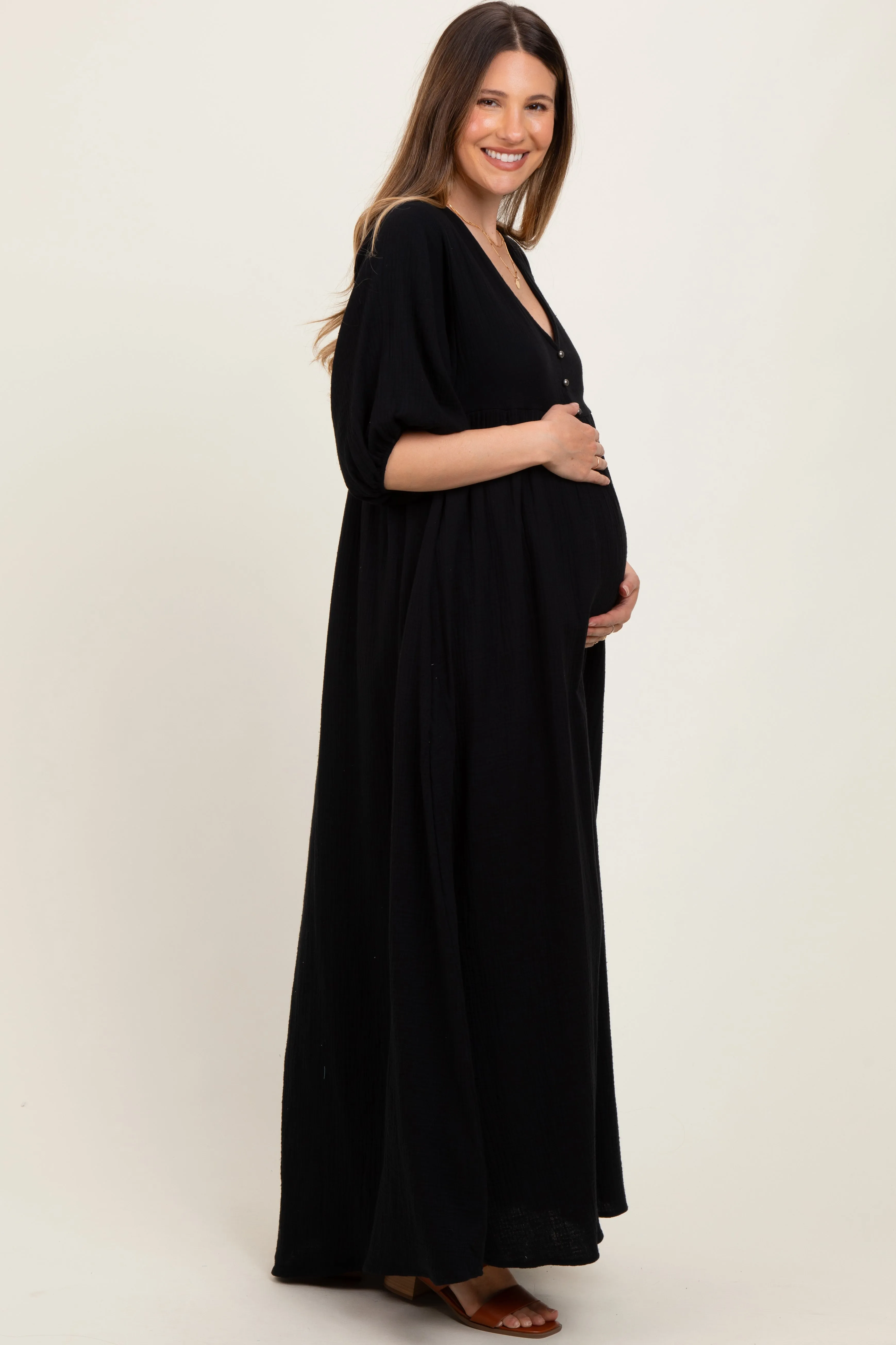 Black Solid Woven Elbow Sleeve V-Neck Button Down Maternity Maxi Dress sold by Pinkblush product image thumbnail 2