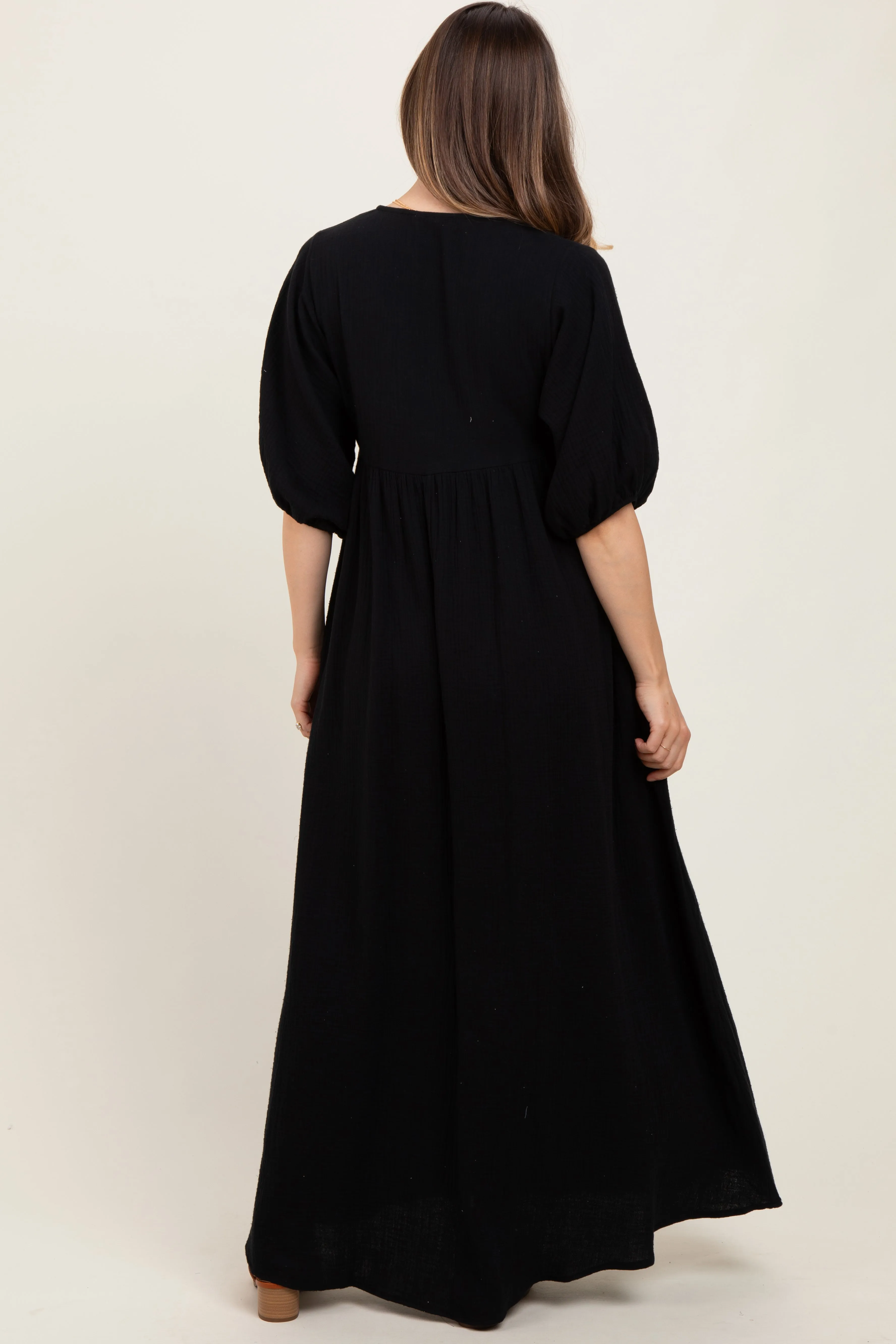 Black Solid Woven Elbow Sleeve V-Neck Button Down Maternity Maxi Dress sold by Pinkblush product image thumbnail 3
