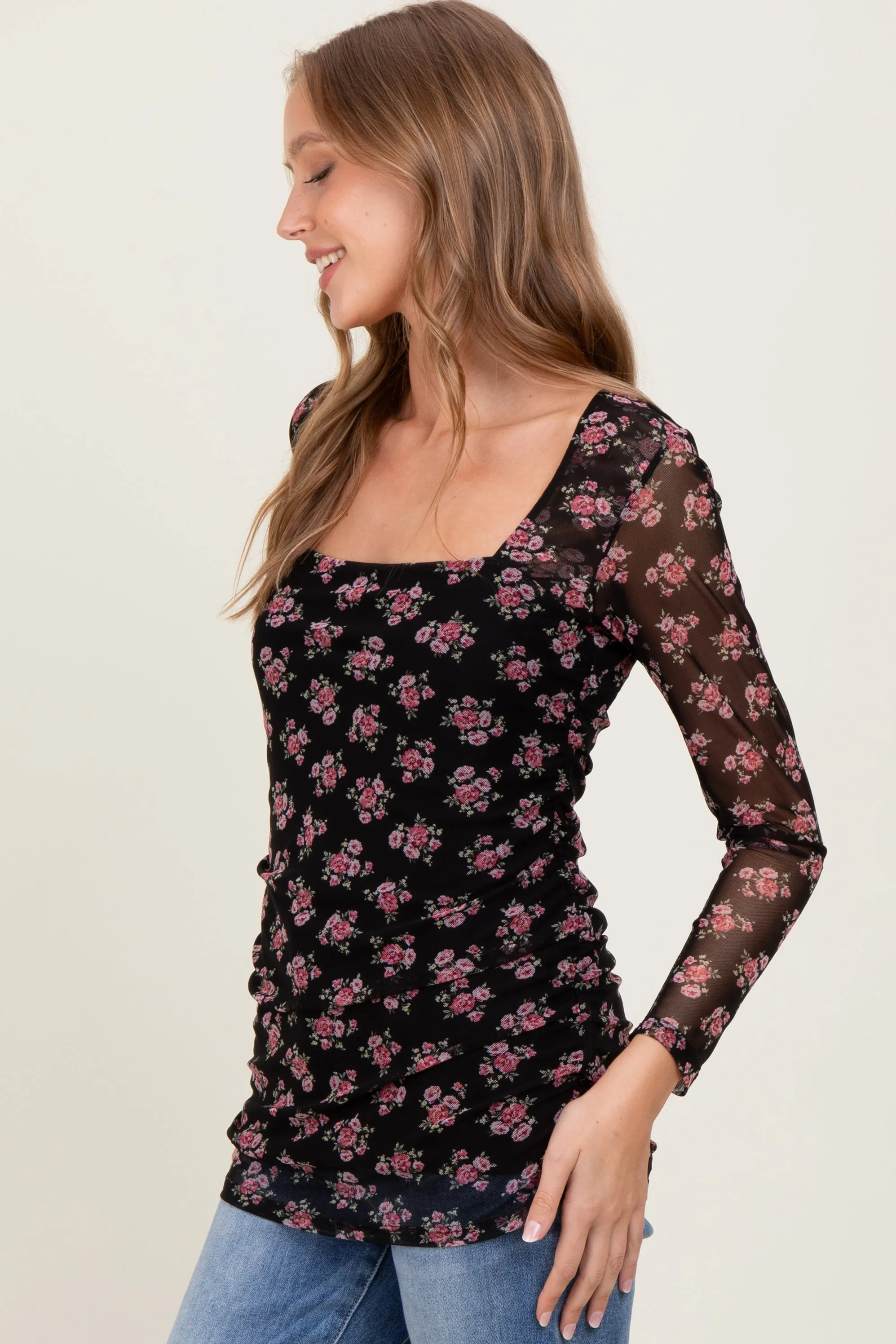 Black Square Neck Sheer Sleeve Floral Top sold by Pinkblush product image thumbnail 2