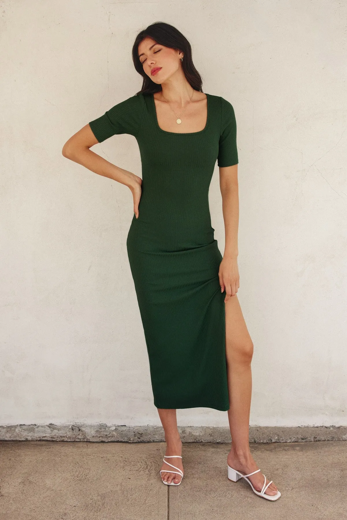 Forest Green Ribbed Short Sleeve Side Slit Maternity Midi Dress sold by Pinkblush product image thumbnail 4