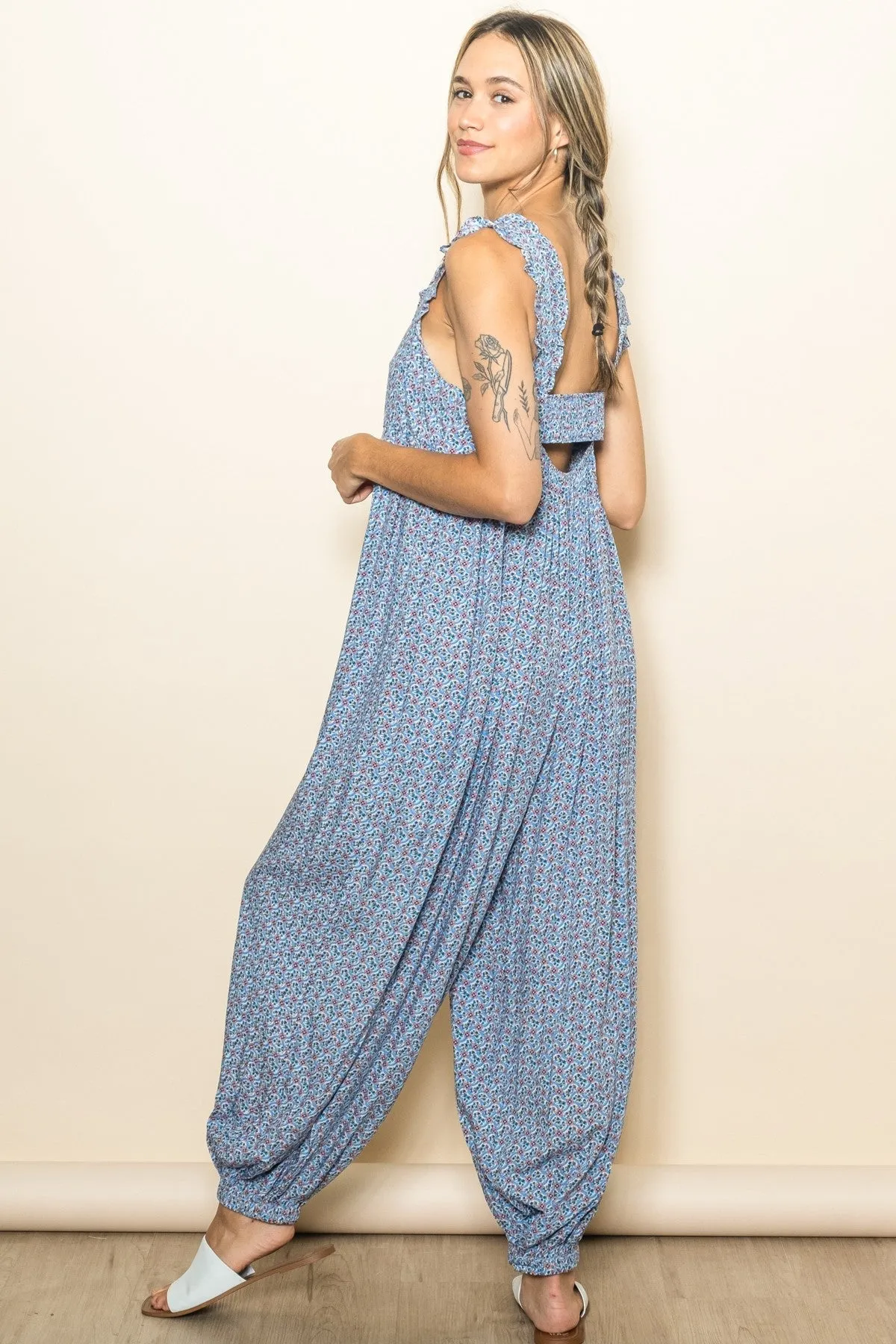 Blue Floral Ruffle Strap Barrel Leg Jumpsuit sold by Pinkblush product image thumbnail 4