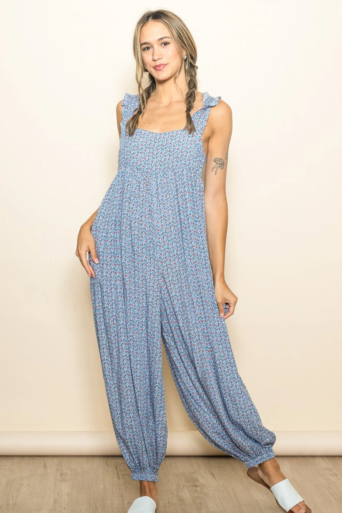 Blue Floral Ruffle Strap Barrel Leg Jumpsuit sold by Pinkblush