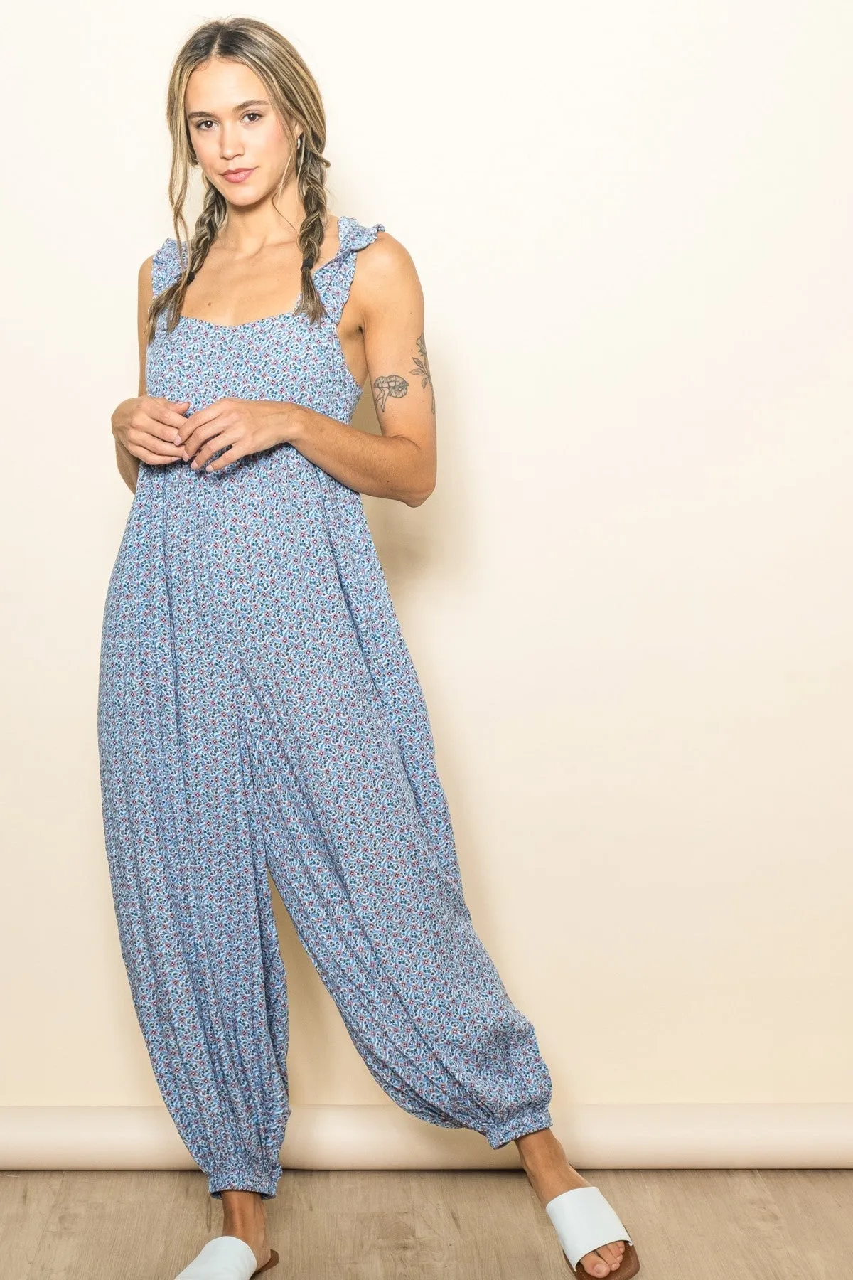 Blue Floral Ruffle Strap Barrel Leg Jumpsuit sold by Pinkblush product image thumbnail 2