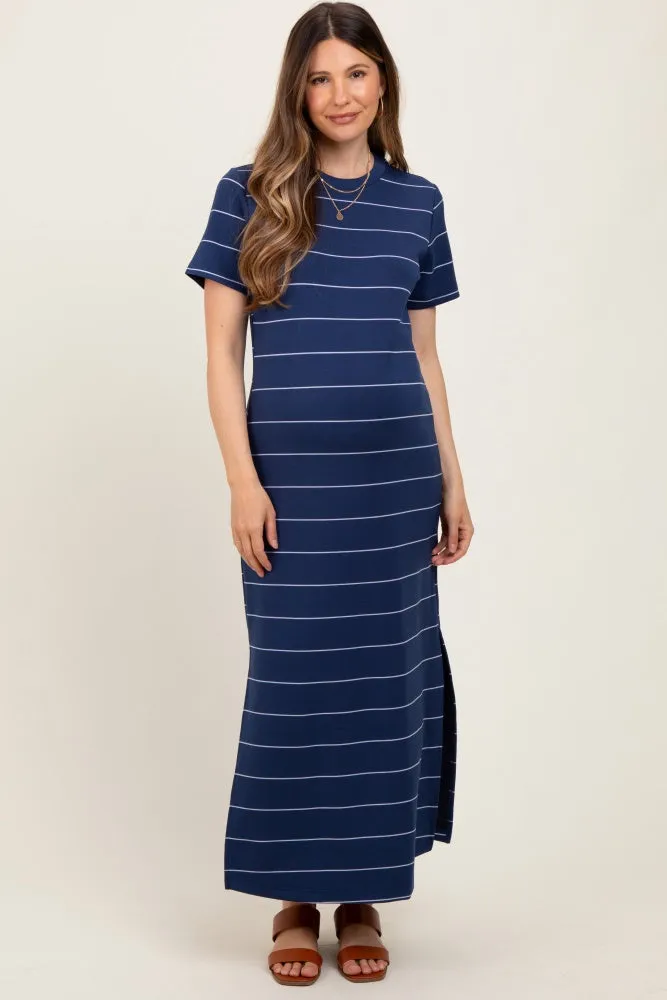Navy Striped Short Sleeve Side Slit Maternity Midi Dress sold by Pinkblush product image thumbnail 2