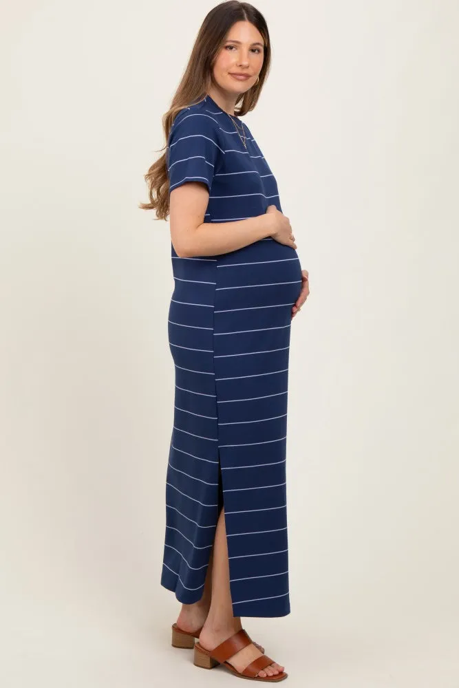 Navy Striped Short Sleeve Side Slit Maternity Midi Dress sold by Pinkblush product image thumbnail 3