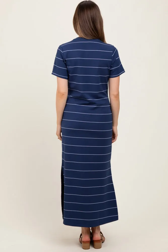 Navy Striped Short Sleeve Side Slit Maternity Midi Dress sold by Pinkblush product image thumbnail 4