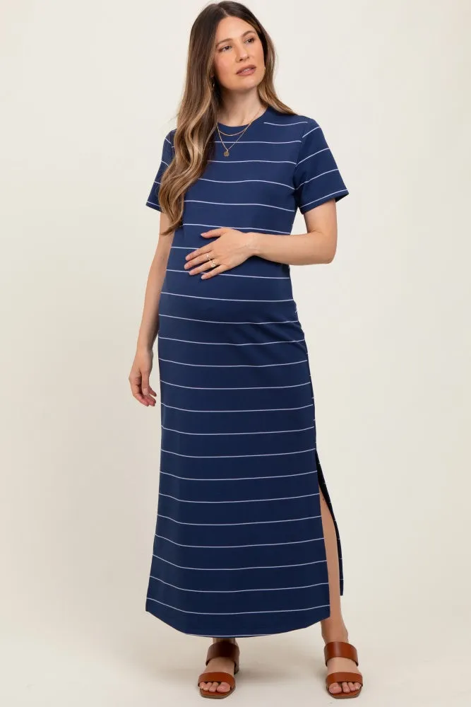 Navy Striped Short Sleeve Side Slit Maternity Midi Dress sold by Pinkblush