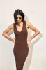Brown Knit Collared Deep V-Neck Maxi Dress sold by Pinkblush
