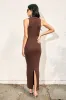 Brown Knit Collared Deep V-Neck Maxi Dress sold by Pinkblush
