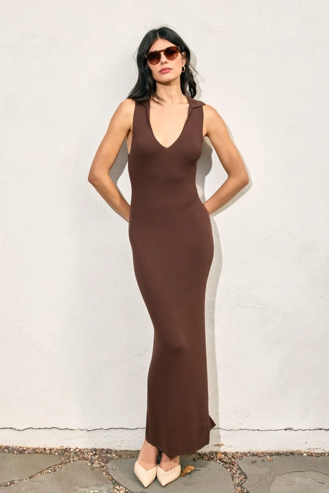 Brown Knit Collared Deep V-Neck Maxi Dress sold by Pinkblush