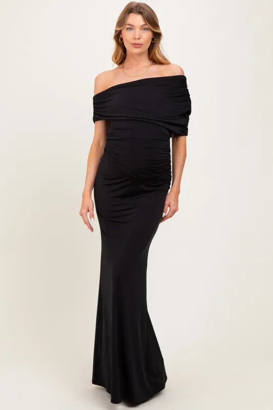 Black Off Shoulder Foldover Ruched Maternity Maxi Dress sold by Pinkblush