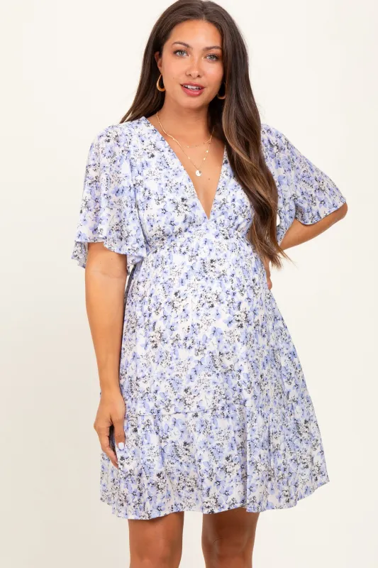 Periwinkle Floral V-Neck Flutter Sleeve Maternity Mini Dress made by She and Sky