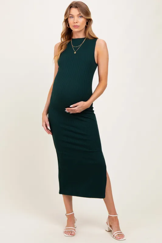 Forest Green Mock Neck Side Slit Maternity Midi Dress sold by Pinkblush