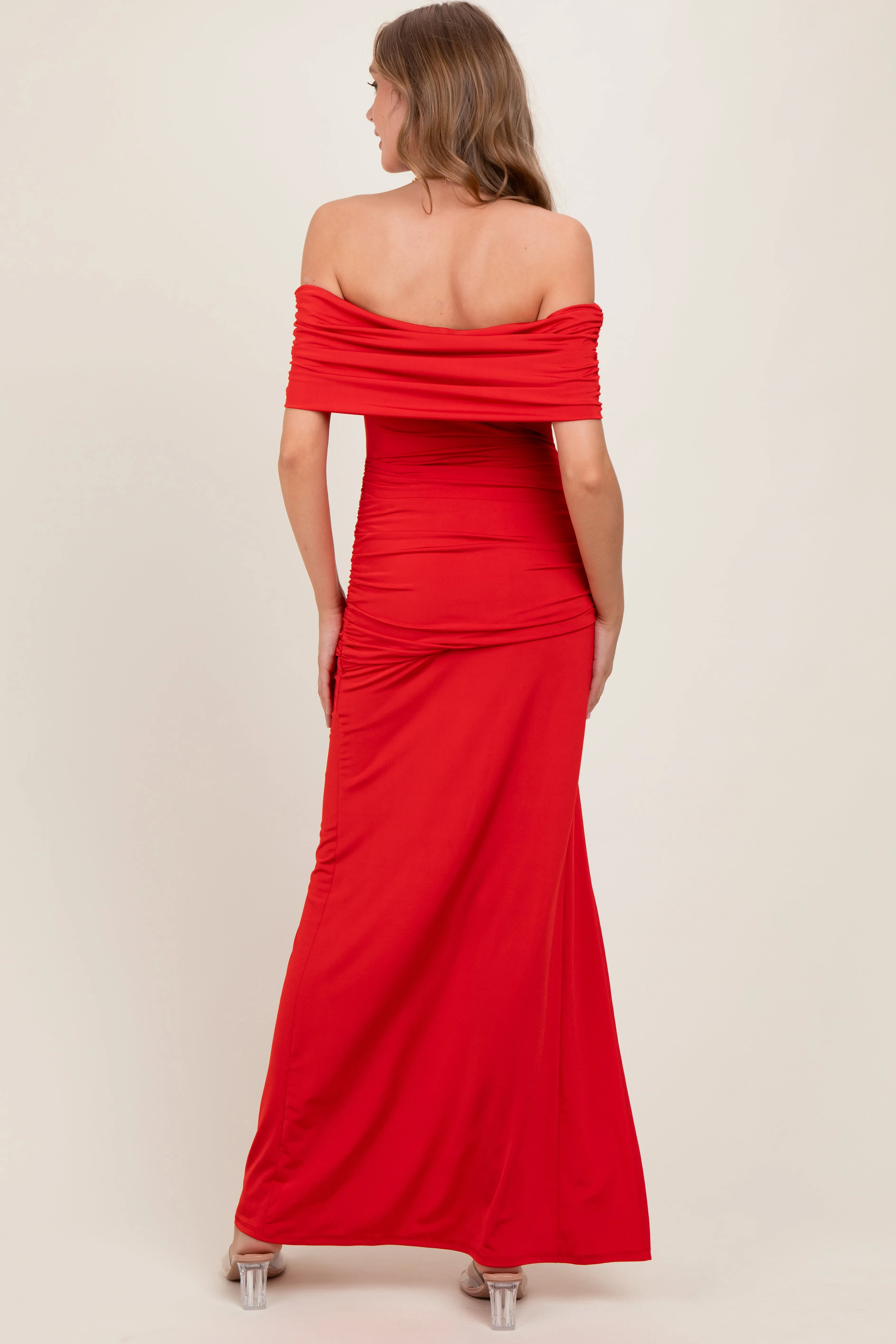 Red Foldover Off Shoulder Ruched High Slit Maxi Dress sold by Pinkblush product image thumbnail 2